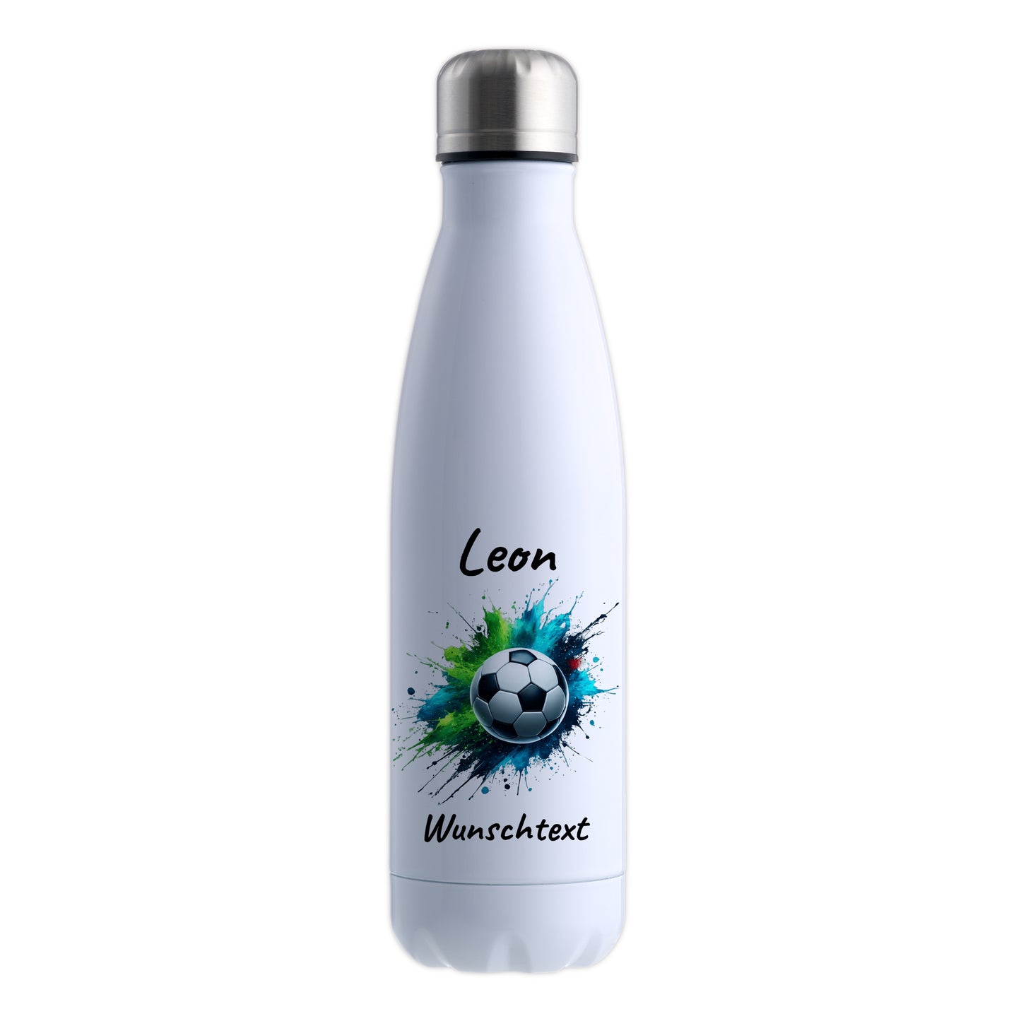 Thermoflasche 500ml in Weiß aus Edelstahl bedruckt "Fußball" Motiv8 personalisierbar mit Wunschname & Text