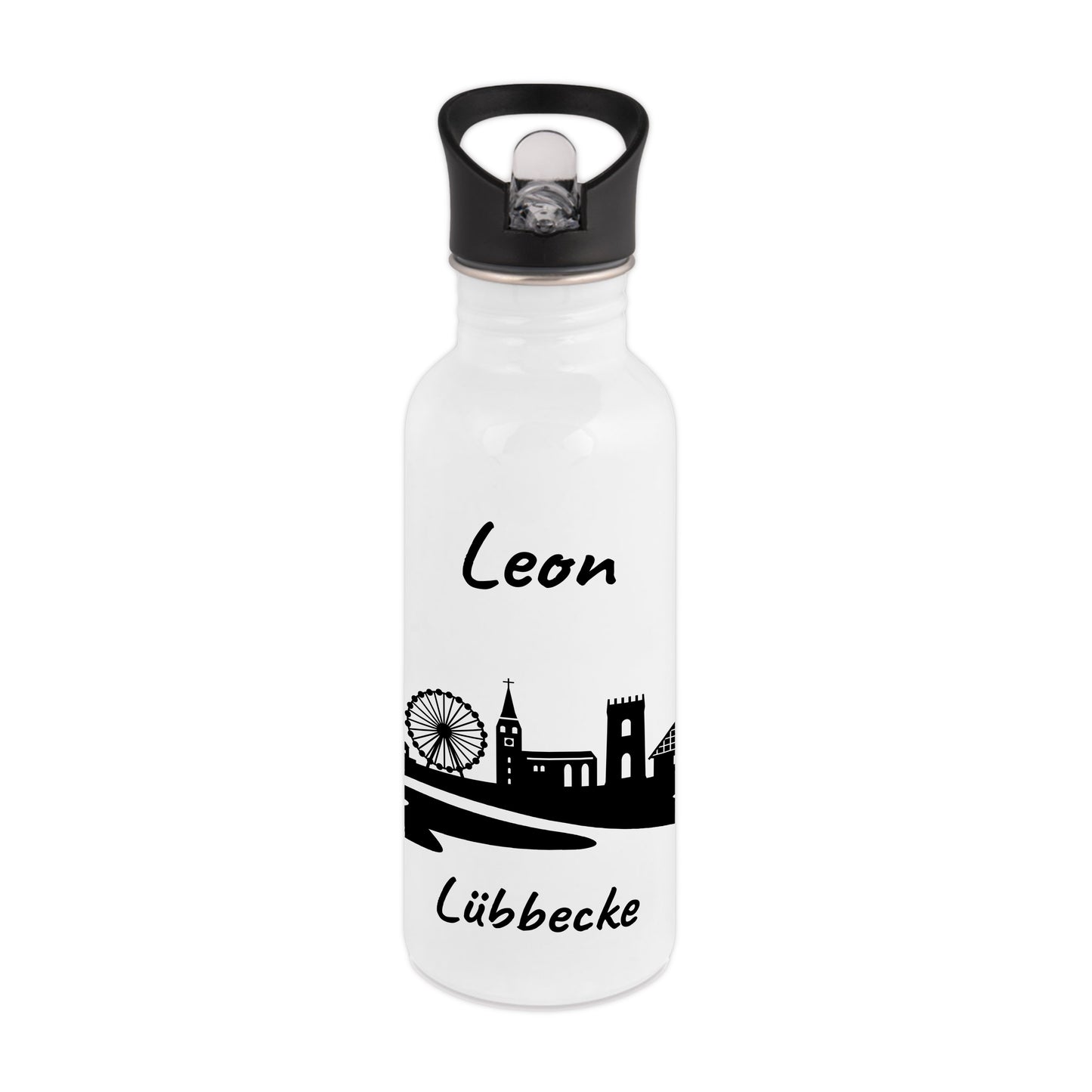 Trinkflasche in Weiß 600ml aus Edelstahl bedruckt mit der Skyline von Lübbecke personalisierbar mit Wunschname