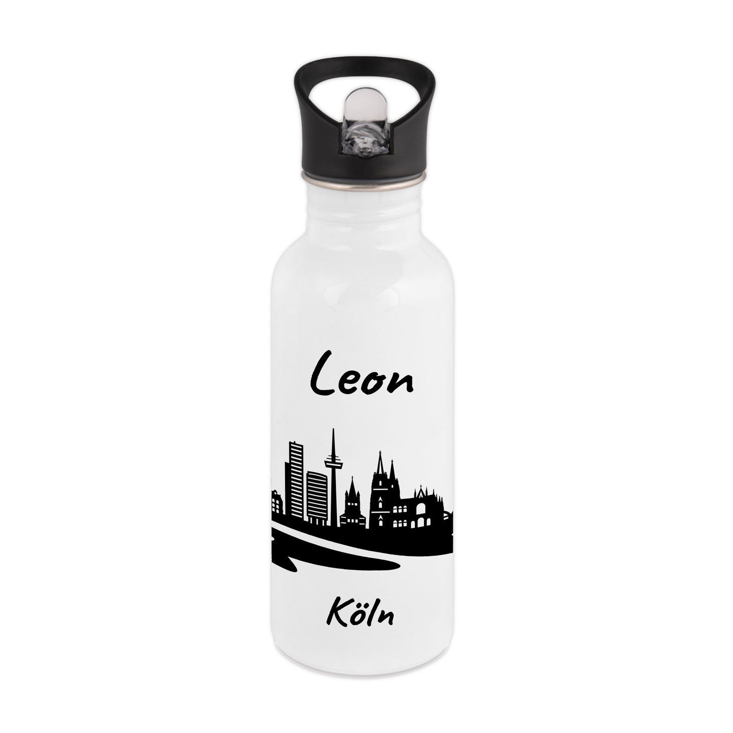 Trinkflasche in Weiß 600ml aus Edelstahl bedruckt mit der Skyline von Köln personalisierbar mit Wunschname
