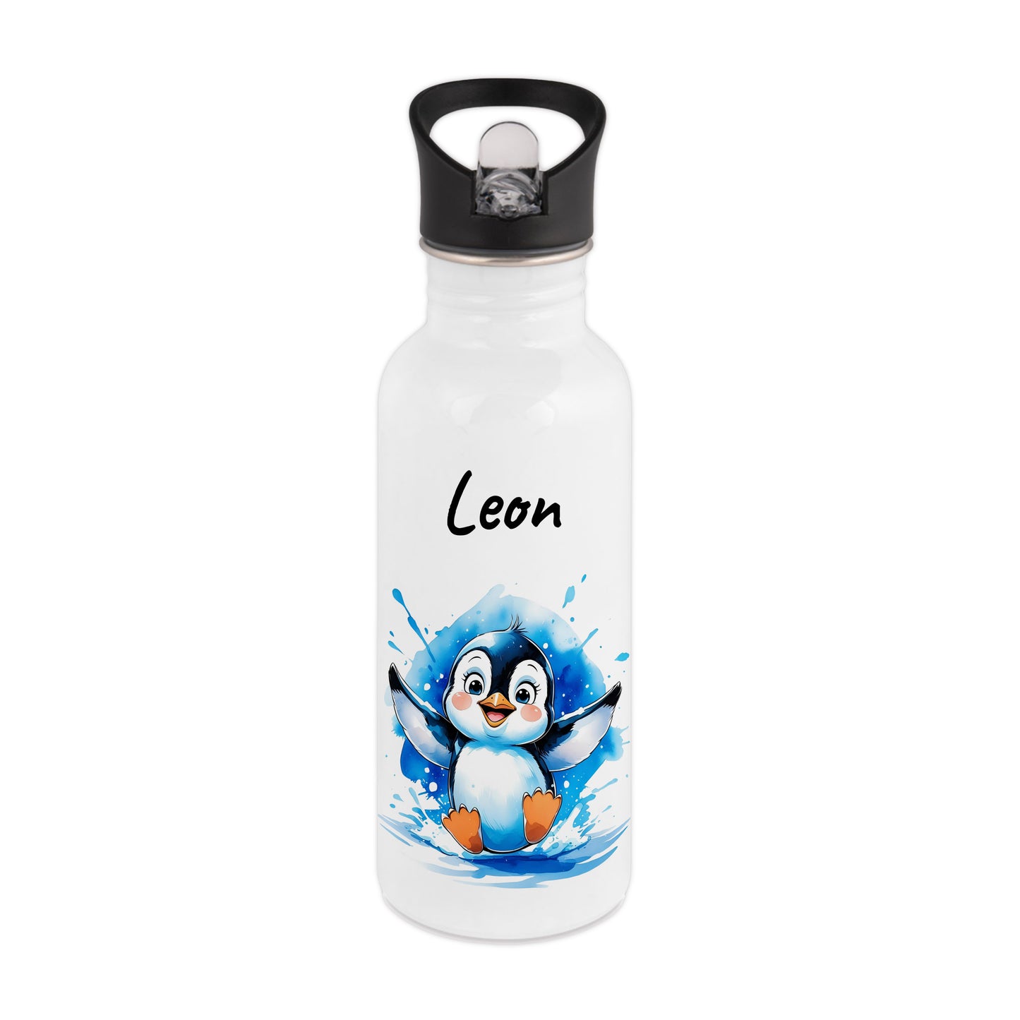 Trinkflasche mit Strohhalm in Weiß 600ml bedruckt mit niedlichen Tieren"Pinguin" personalisierbar für Kinder mit Wunschname aus Edelstahl