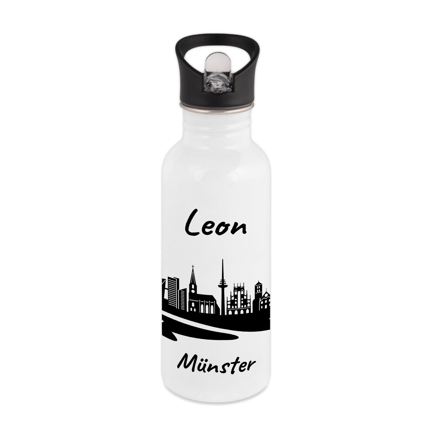 Trinkflasche in Weiß 600ml aus Edelstahl bedruckt mit der Skyline von München personalisierbar mit Wunschname
