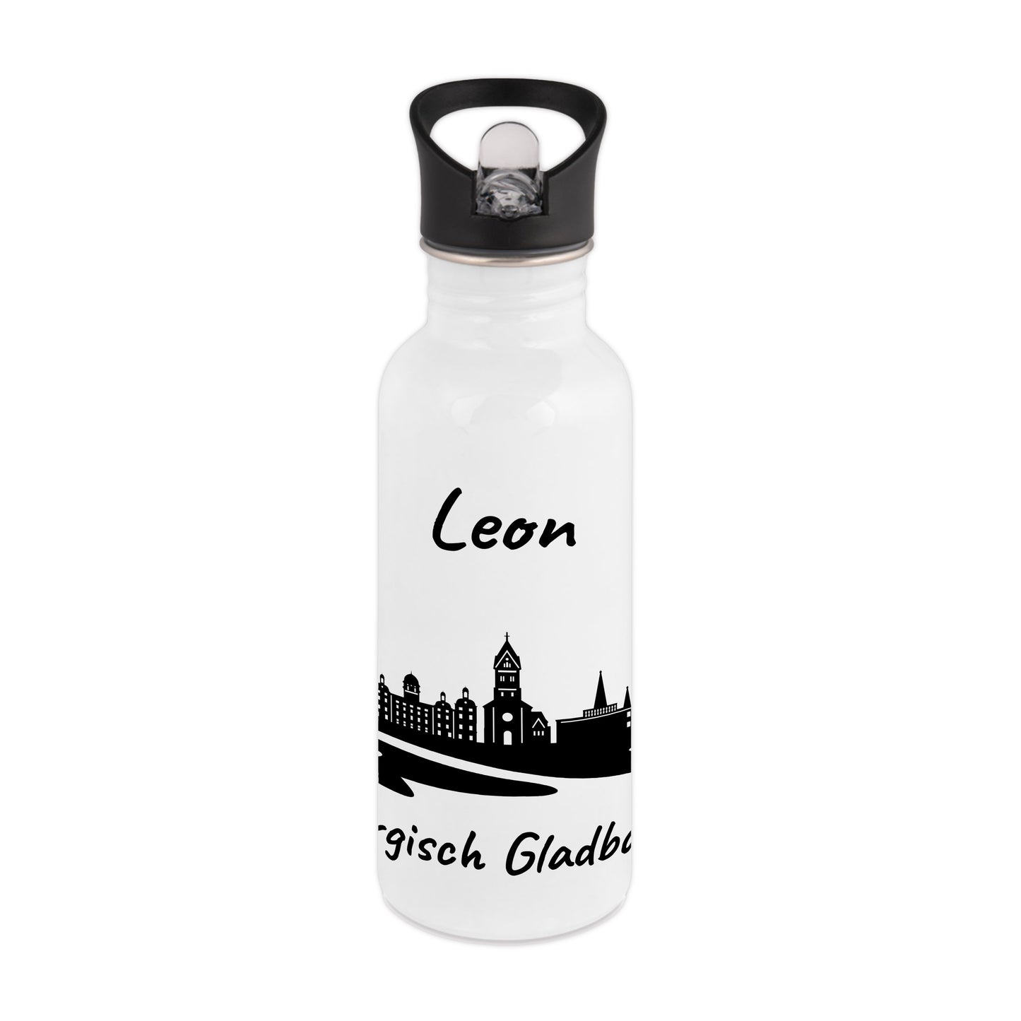 Trinkflasche in Weiß 600ml aus Edelstahl bedruckt mit der Skyline von Bergisch Gladbach personalisierbar mit Wunschname
