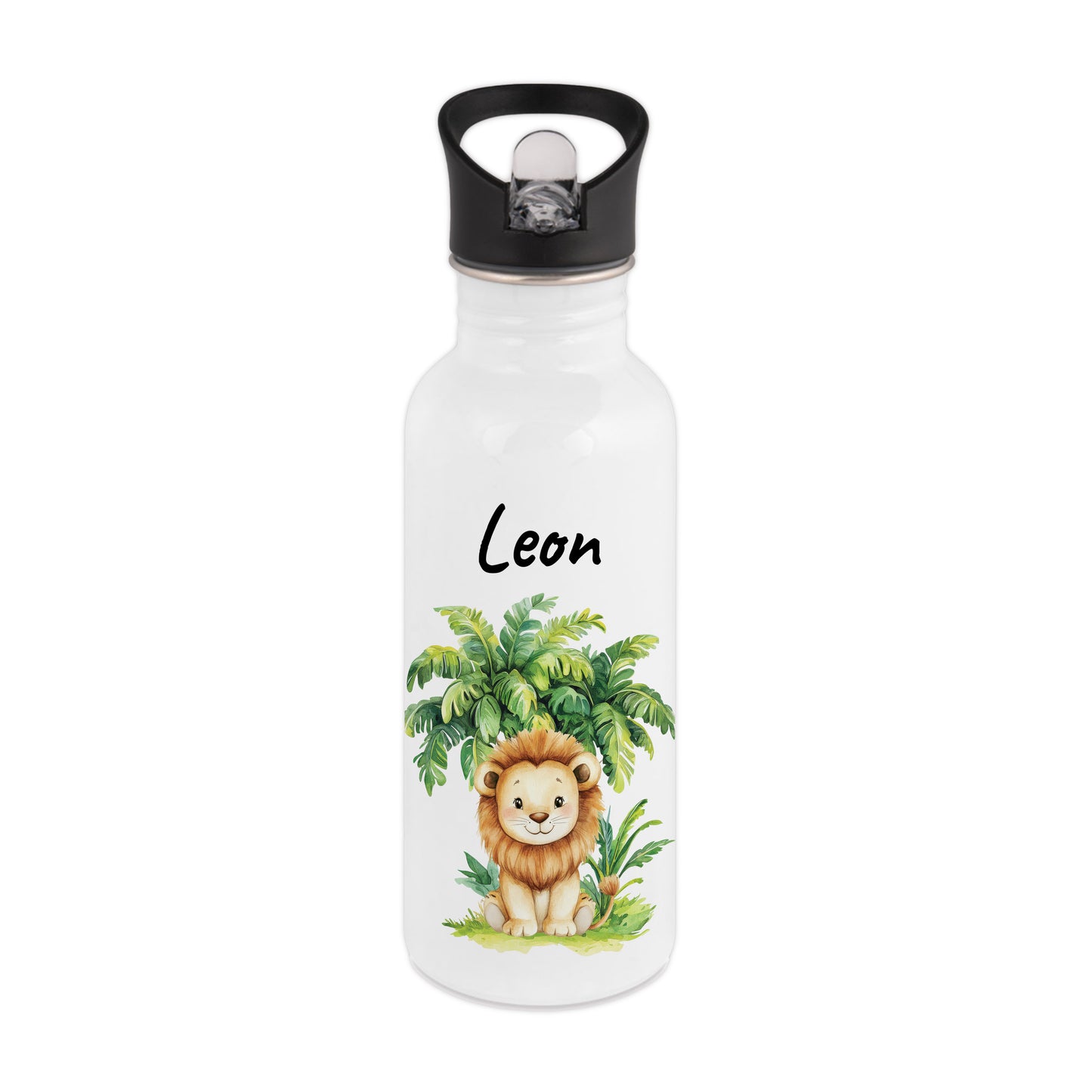 Trinkflasche mit Strohhalm in Weiß 600ml bedruckt mit Dschungel Tieren"Löwe" personalisierbar für Kinder mit Wunschname aus Edelstahl