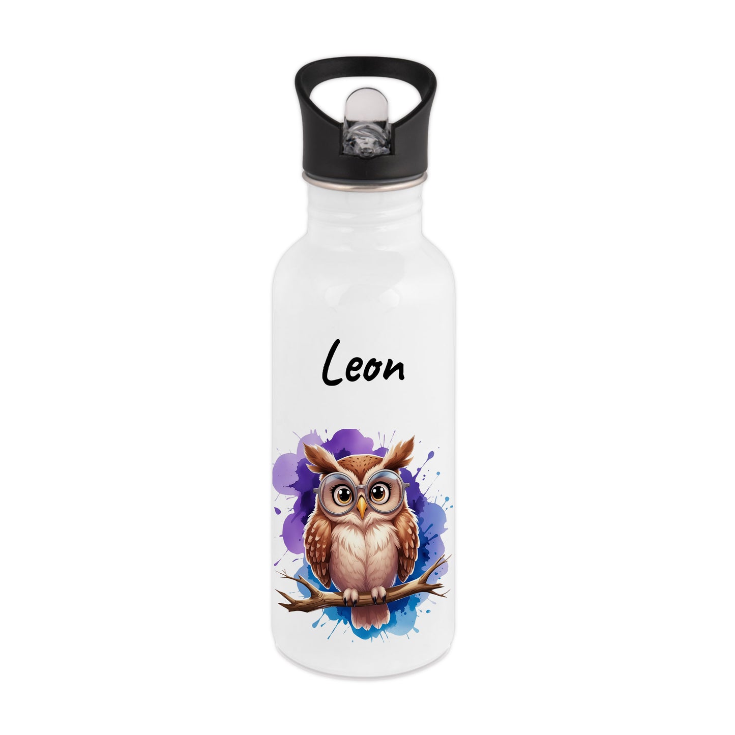 Trinkflasche mit Strohhalm in Weiß 600ml bedruckt mit niedlichen Tieren"Eule" personalisierbar für Kinder mit Wunschname aus Edelstahl