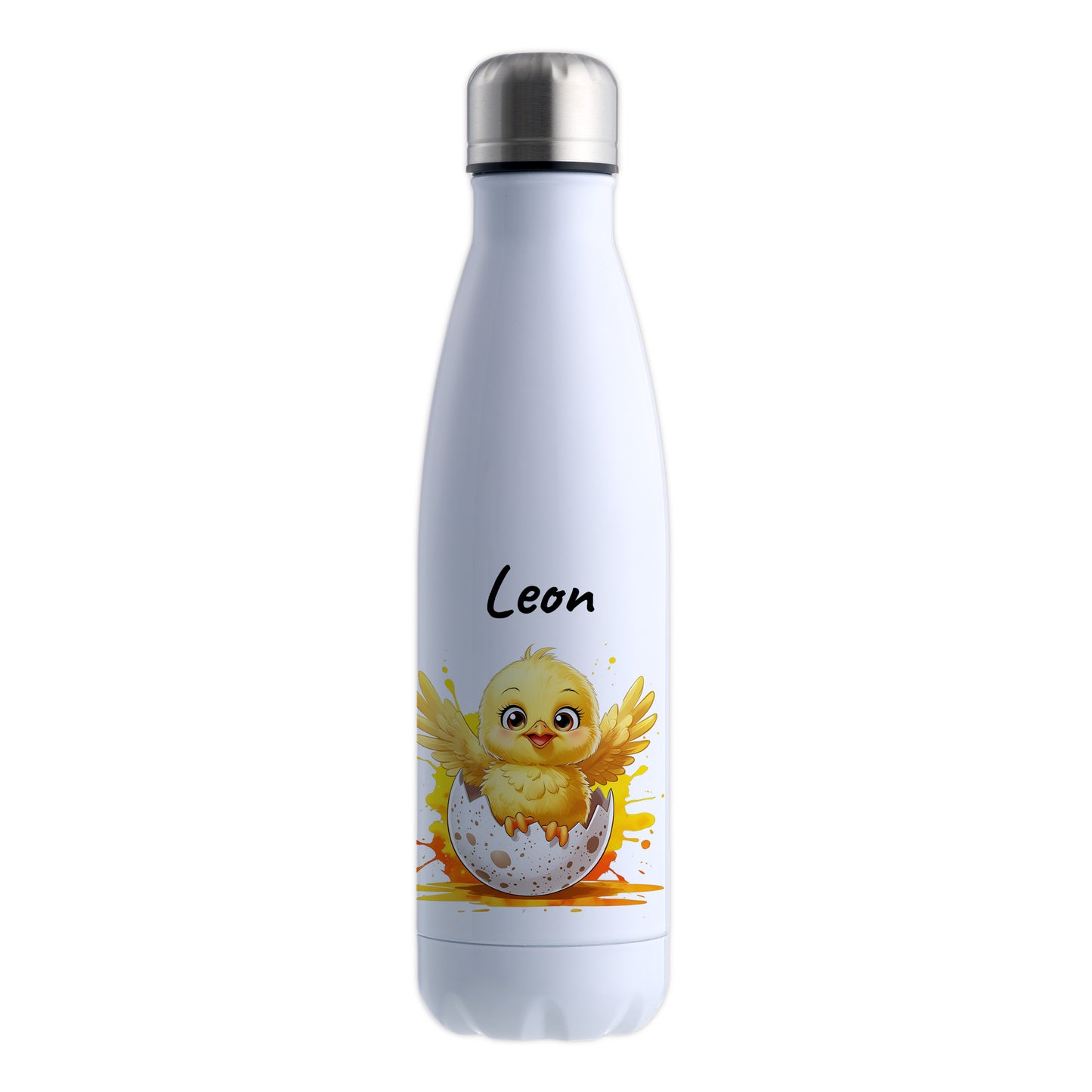 Trinkflasche in Weiß 500ml aus Edelstahl bedruckt mit niedlichen Tieren "Küken" personalisierbar für Kinder mit Wunschname