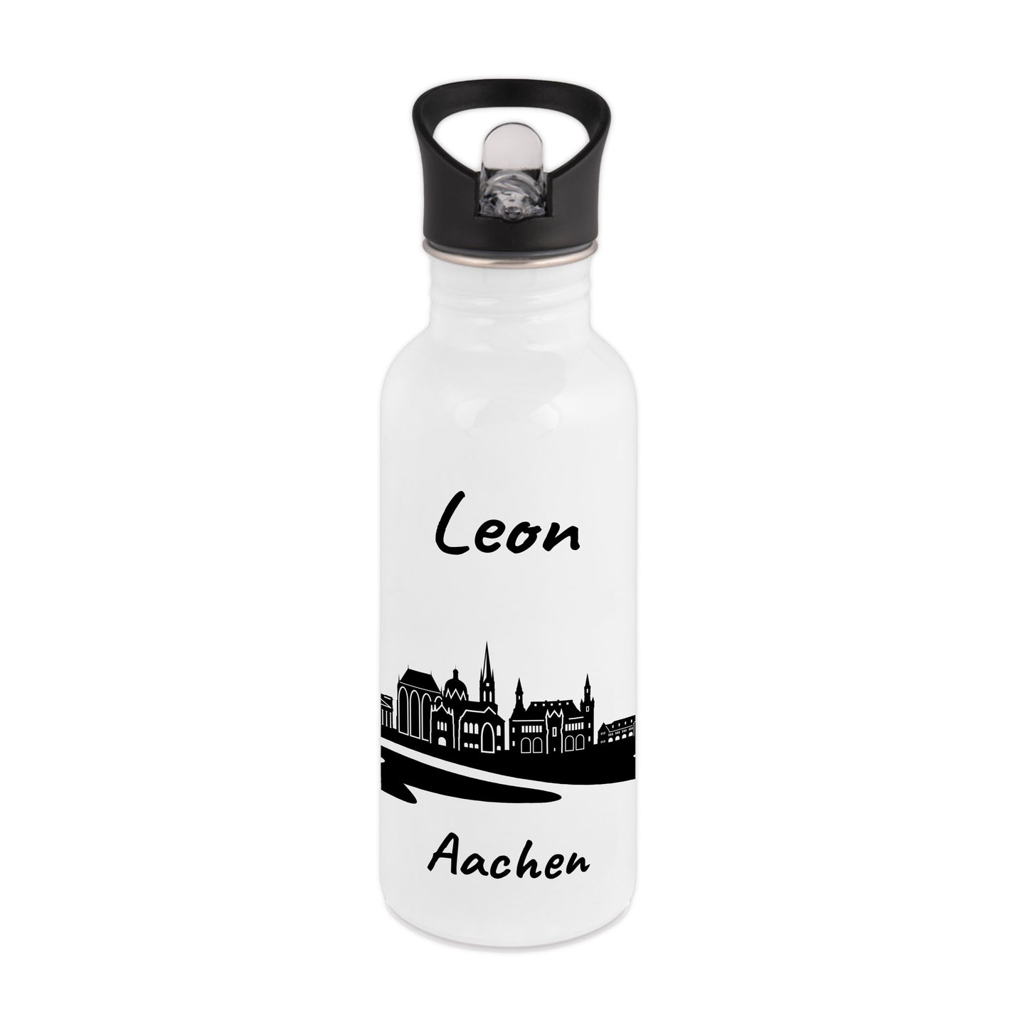 Trinkflasche in Weiß 600ml aus Edelstahl bedruckt mit der Skyline von Aachen personalisierbar mit Wunschname