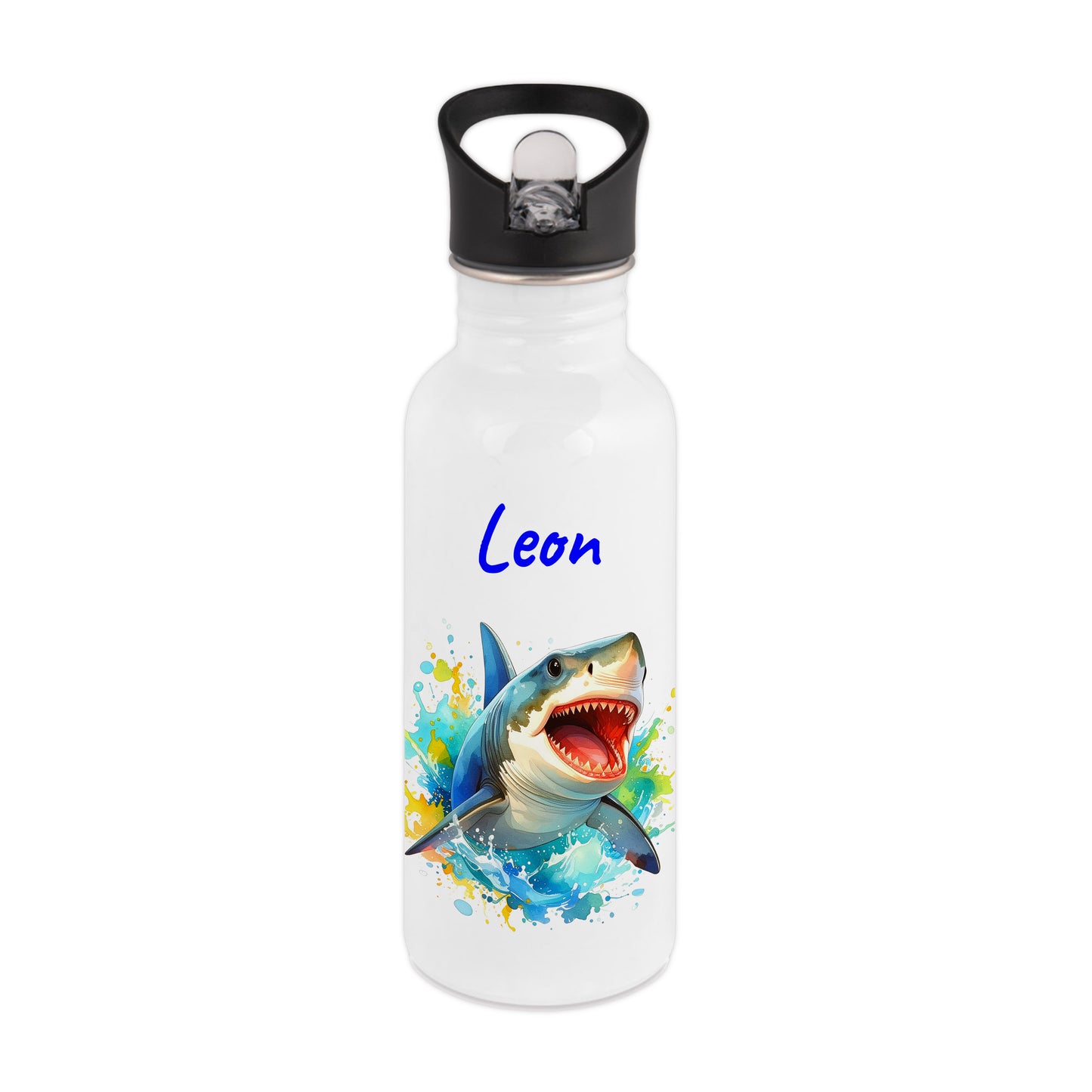 Trinkflasche mit Strohhalm in Weiß 600ml bedruckt mit tollen Motiven für Kinder "Hai" personalisierbar für Kinder mit Wunschname aus Edelstahl