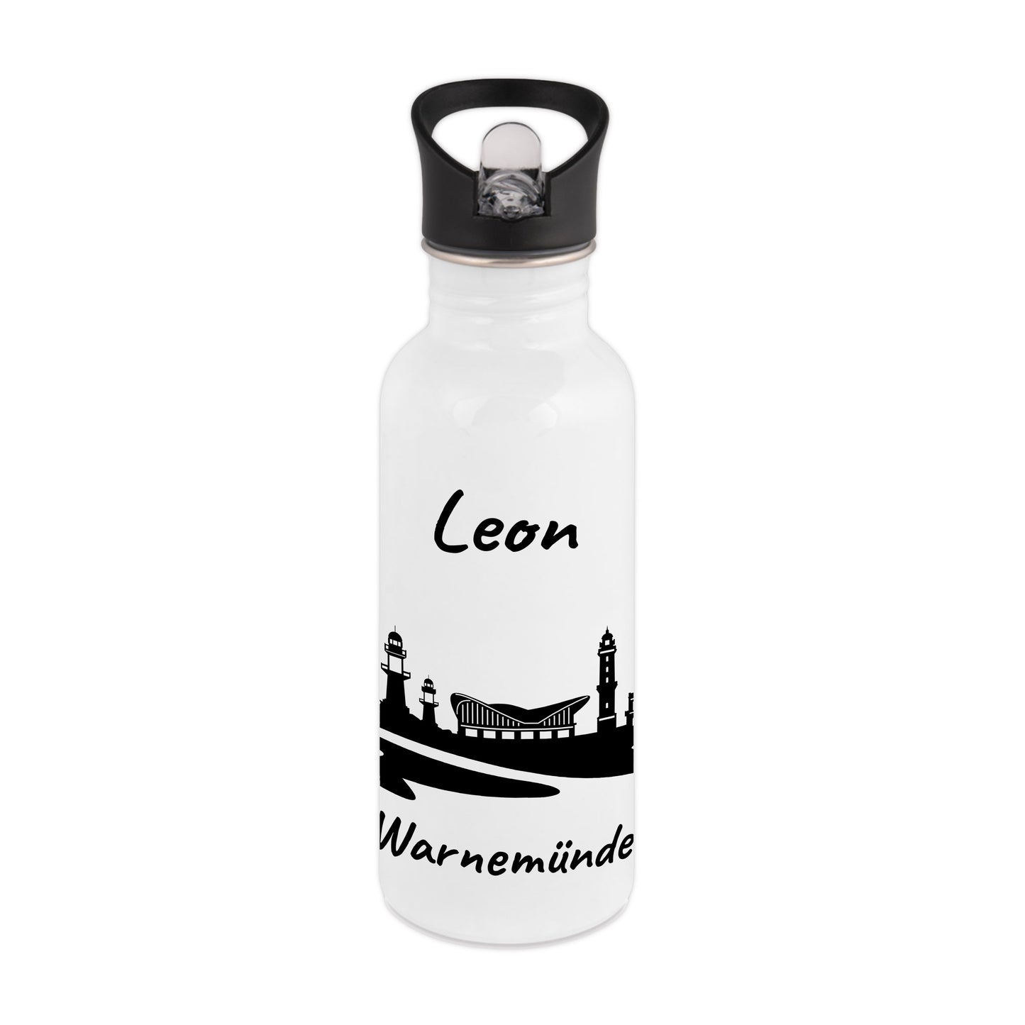 Trinkflasche in Weiß 600ml aus Edelstahl bedruckt mit der Skyline von Warnemünde personalisierbar mit Wunschname