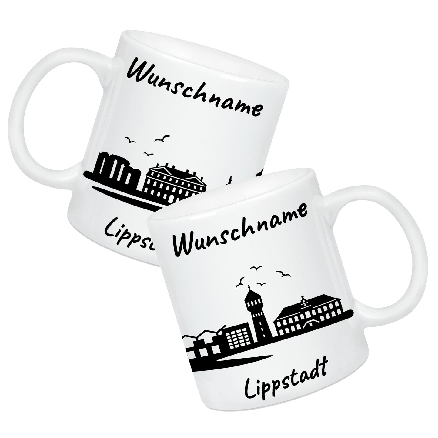 Tasse in Weiß 330ml bedruckt mit der Skyline von Lippstadt personalisierbar mit Wunschname