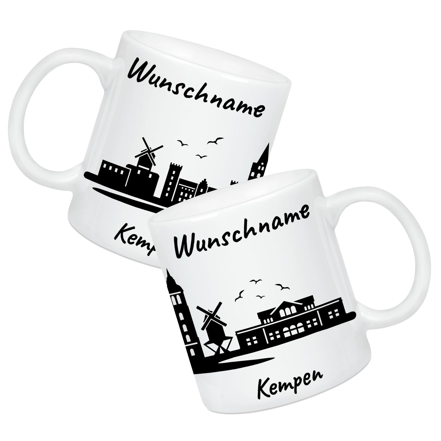 Tasse in Weiß 330ml bedruckt mit der Skyline von Kempen personalisierbar mit Wunschname