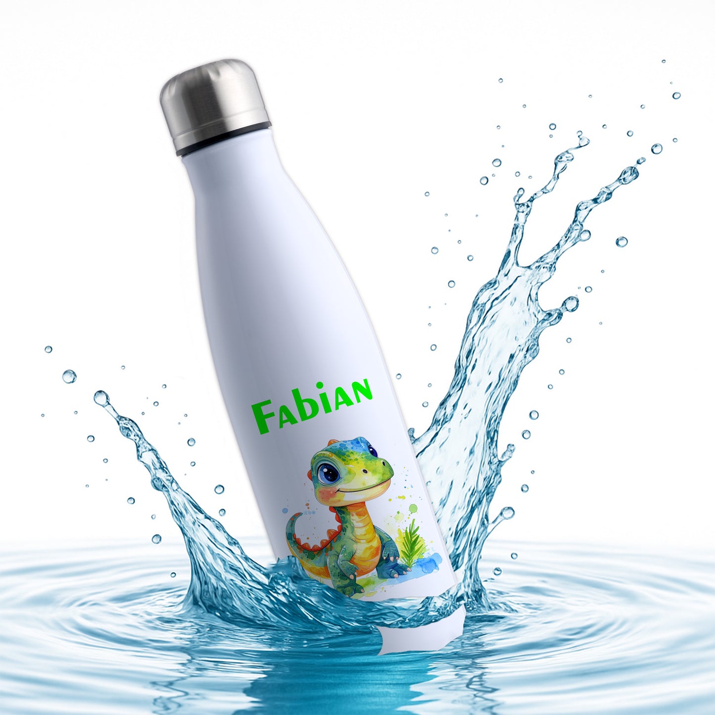 Thermoflasche 500ml in Weiß bedruckt mit tollen Motiven für Kinder "Dino Kinder" personalisierbar mit Wunschname