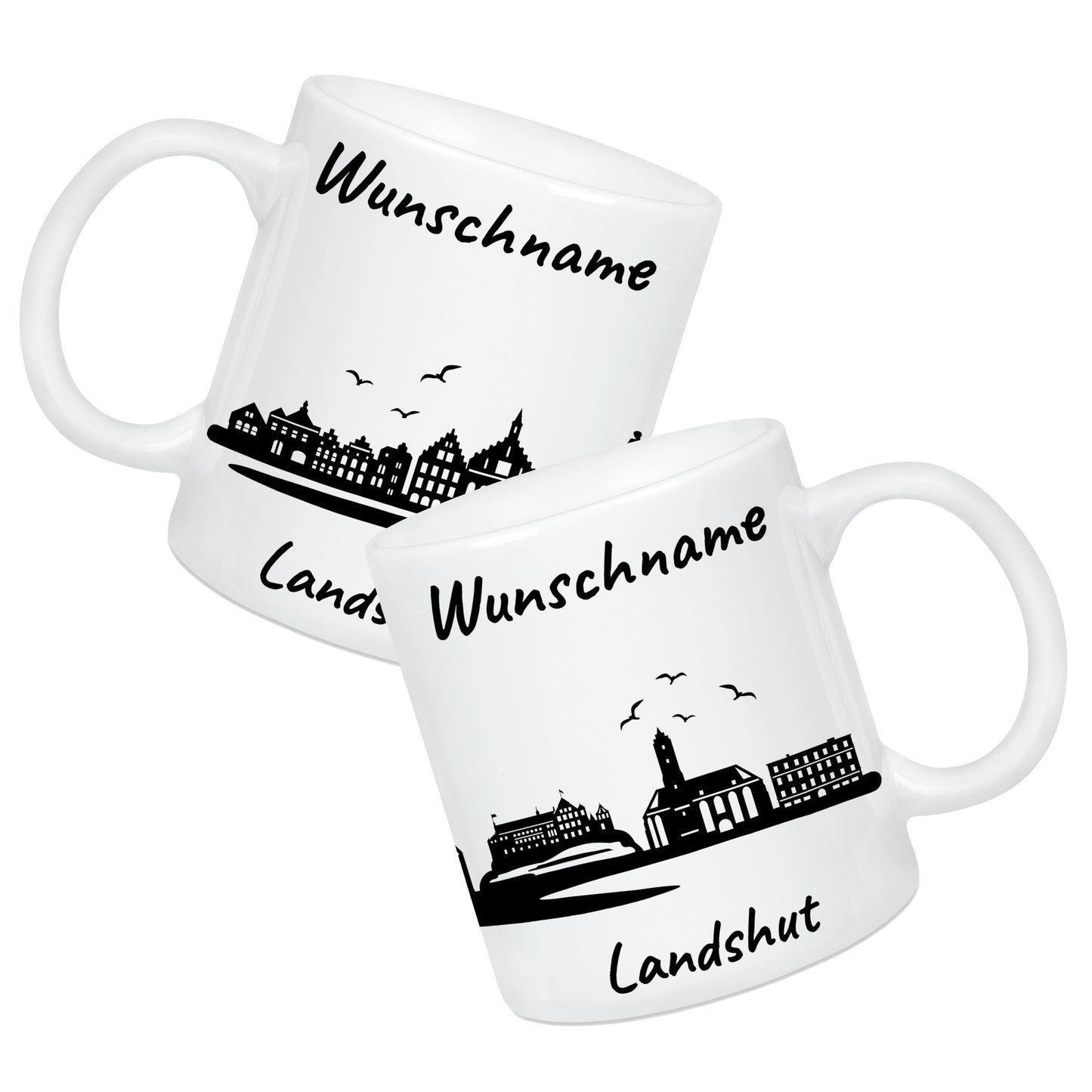 Tasse in Weiß 330ml bedruckt mit der Skyline von Landshut personalisierbar mit Wunschname