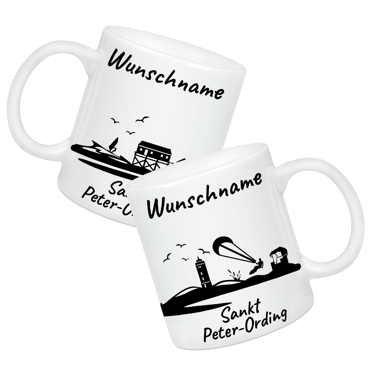 Tasse in Weiß 330ml bedruckt mit der Skyline von Sankt Peter-Ording personalisierbar mit Wunschname