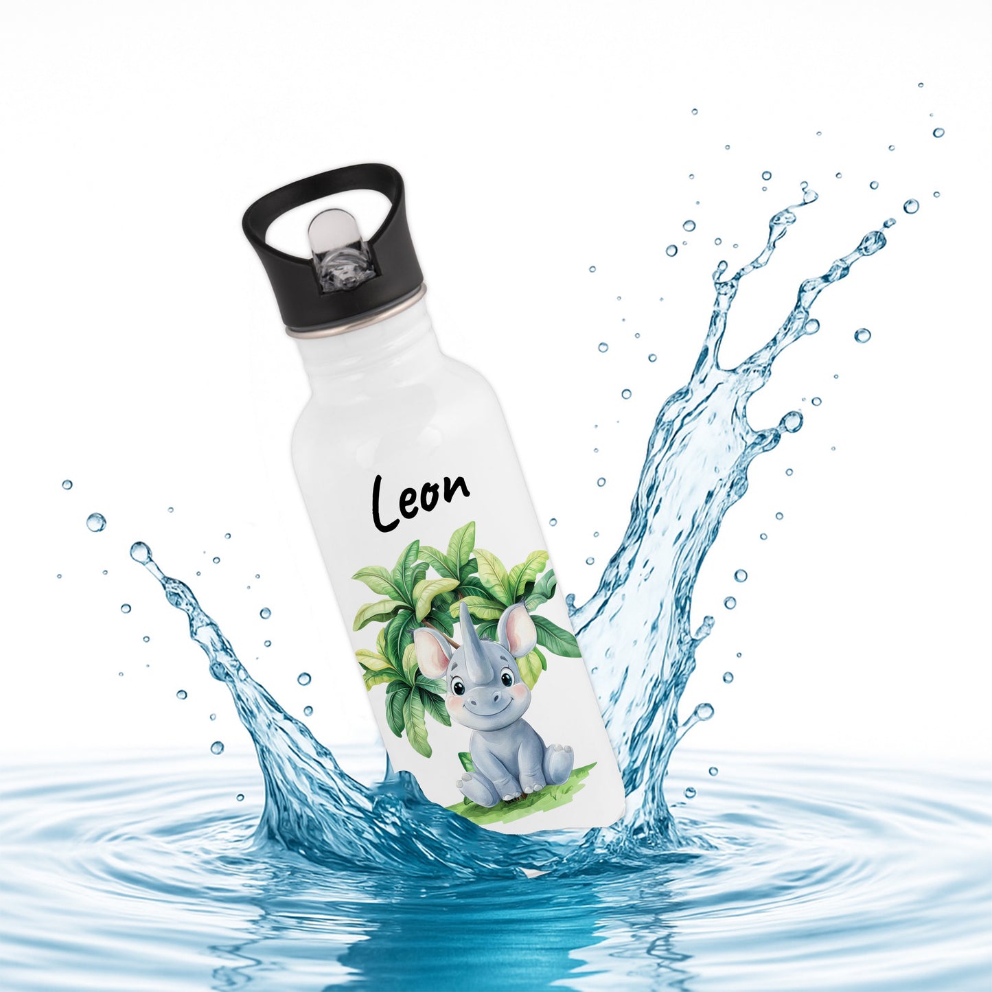 Trinkflasche mit Strohhalm in Weiß 600ml bedruckt mit Dschungel Tieren"Nashorn" personalisierbar für Kinder mit Wunschname aus Edelstahl