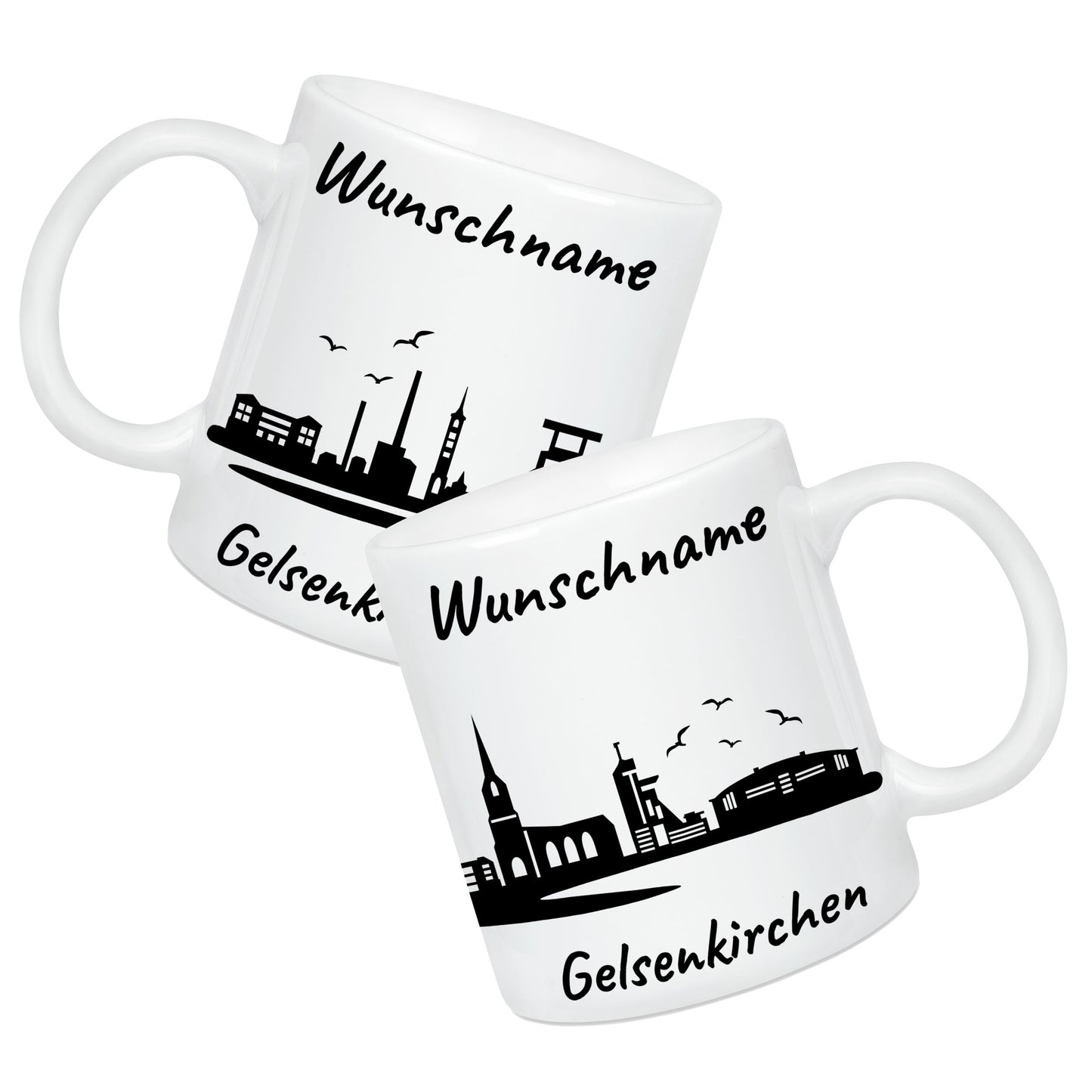 Tasse in Weiß 330ml bedruckt mit der Skyline von Gelsenkirchen personalisierbar mit Wunschname