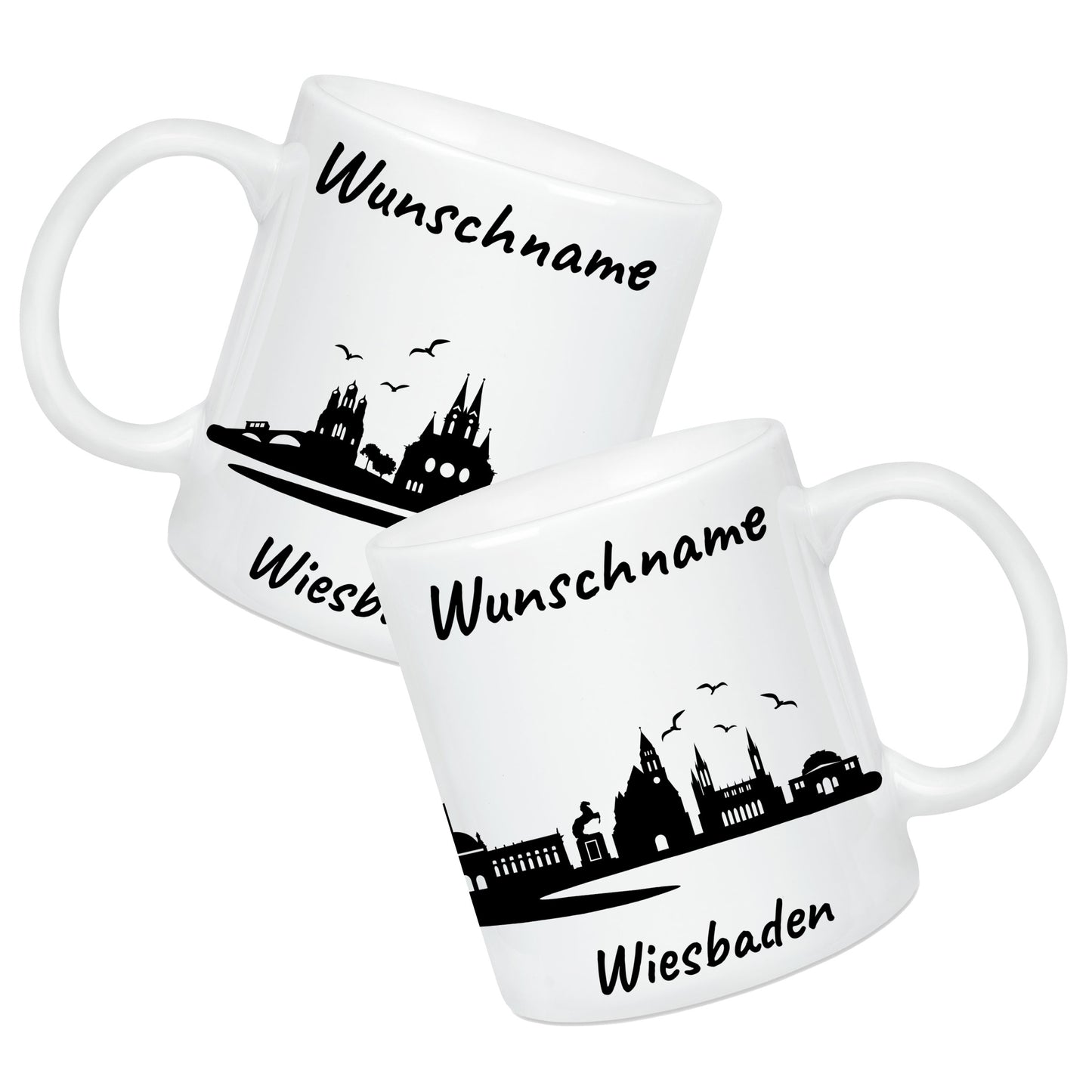 Tasse in Weiß 330ml bedruckt mit der Skyline von Wiesbaden personalisierbar mit Wunschname