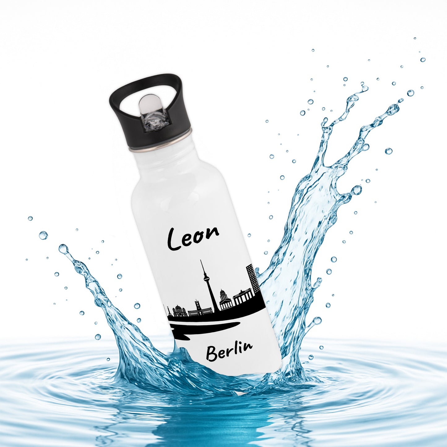 Trinkflasche in Weiß 600ml aus Edelstahl bedruckt mit der Skyline von Berlin personalisierbar mit Wunschname