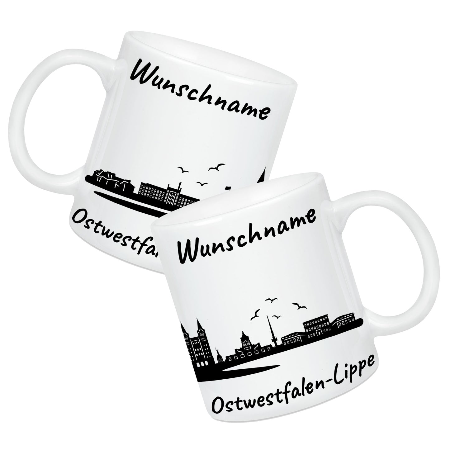 Tasse in Weiß 330ml bedruckt mit der Skyline von Ostwestfalen-Lippe personalisierbar mit Wunschname