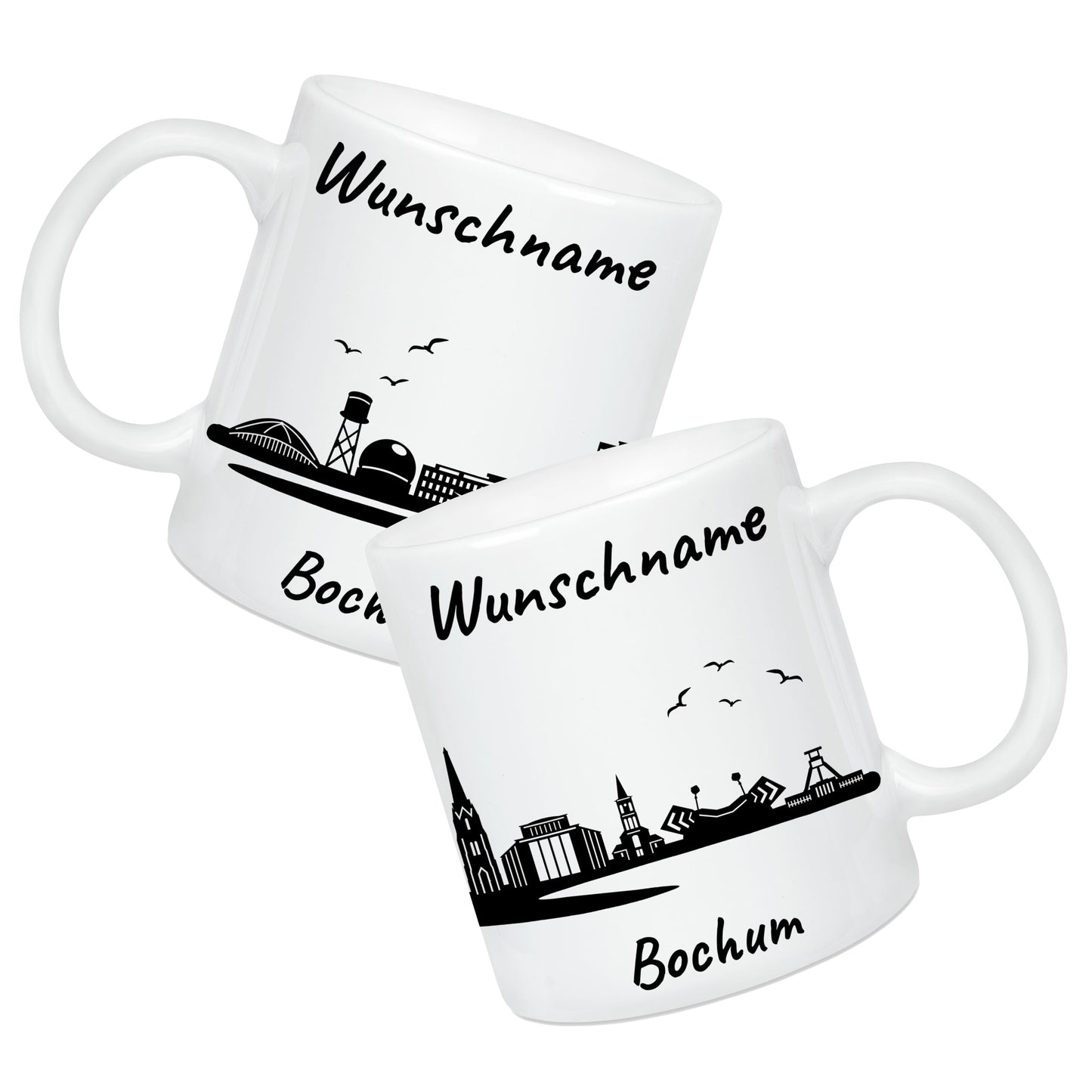 Tasse in Weiß 330ml bedruckt mit der Skyline von Bochum personalisierbar mit Wunschname