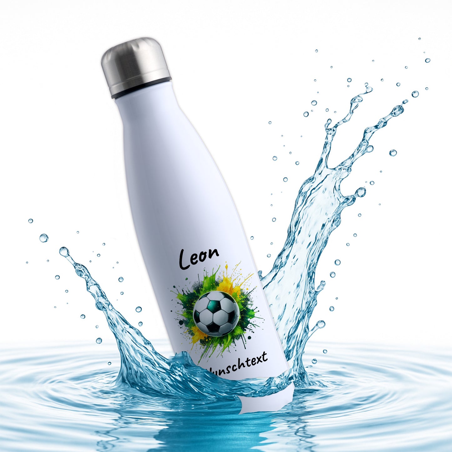 Thermoflasche 500ml in Weiß aus Edelstahl bedruckt "Fußball" Motiv11 personalisierbar mit Wunschname & Text