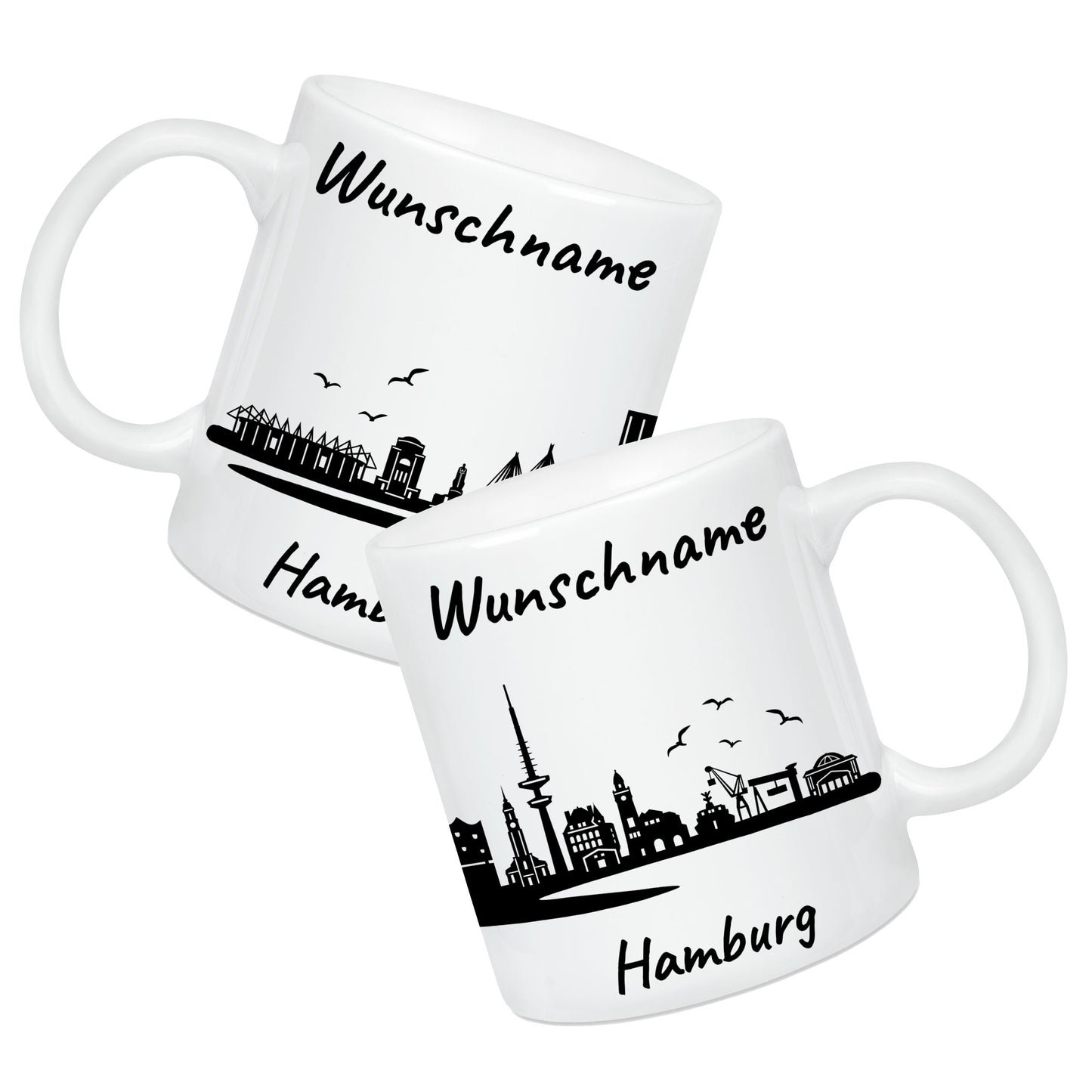 Tasse in Weiß 330ml bedruckt mit der Skyline von Hamburg personalisierbar mit Wunschname