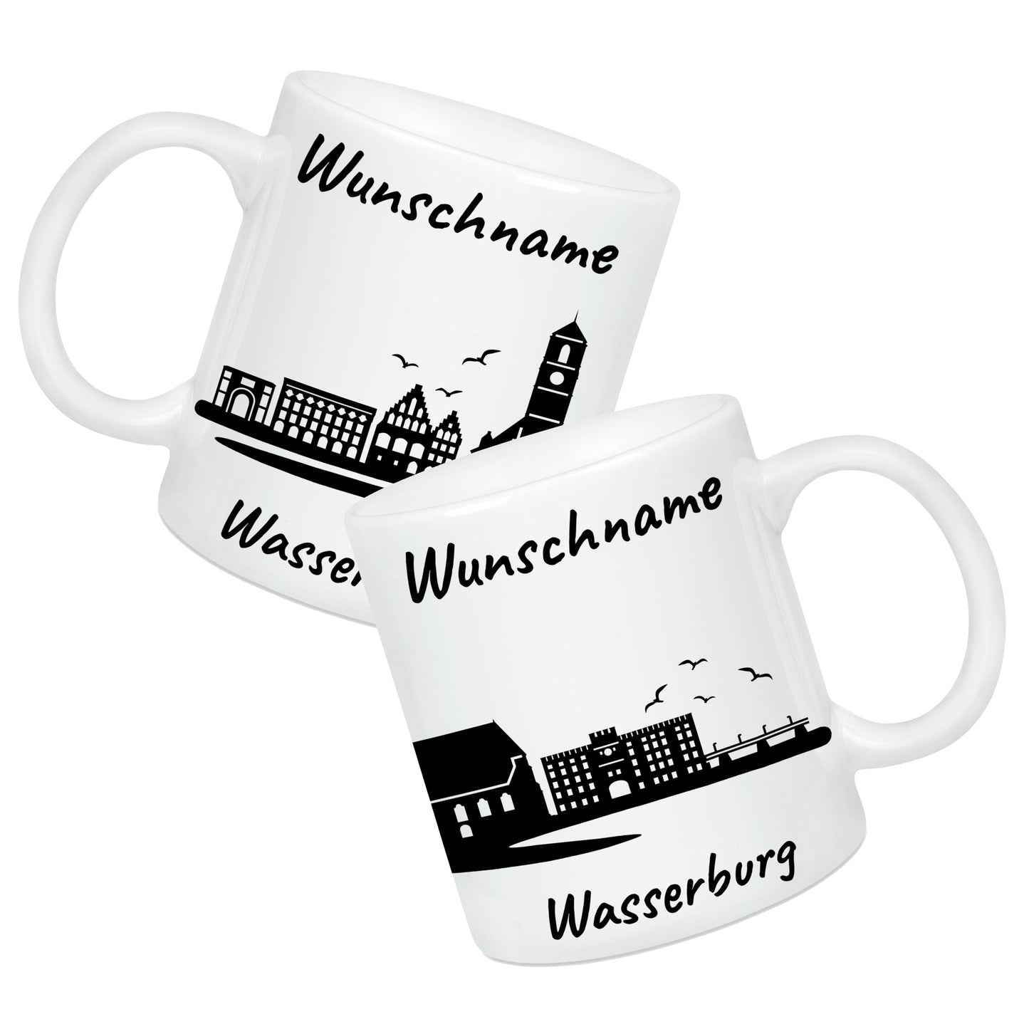 Tasse in Weiß 330ml bedruckt mit der Skyline von Wasserburg personalisierbar mit Wunschname