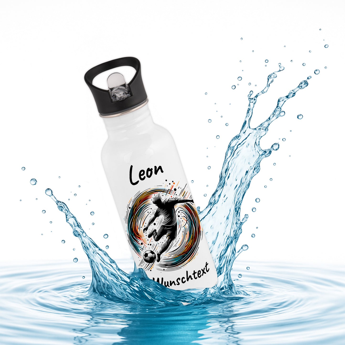 Trinkflasche mit Strohhalm in Weiß 600ml bedruckt mit Fußball Motiven"Motiv1" personalisierbar für Kinder mit Wunschname aus Edelstahl