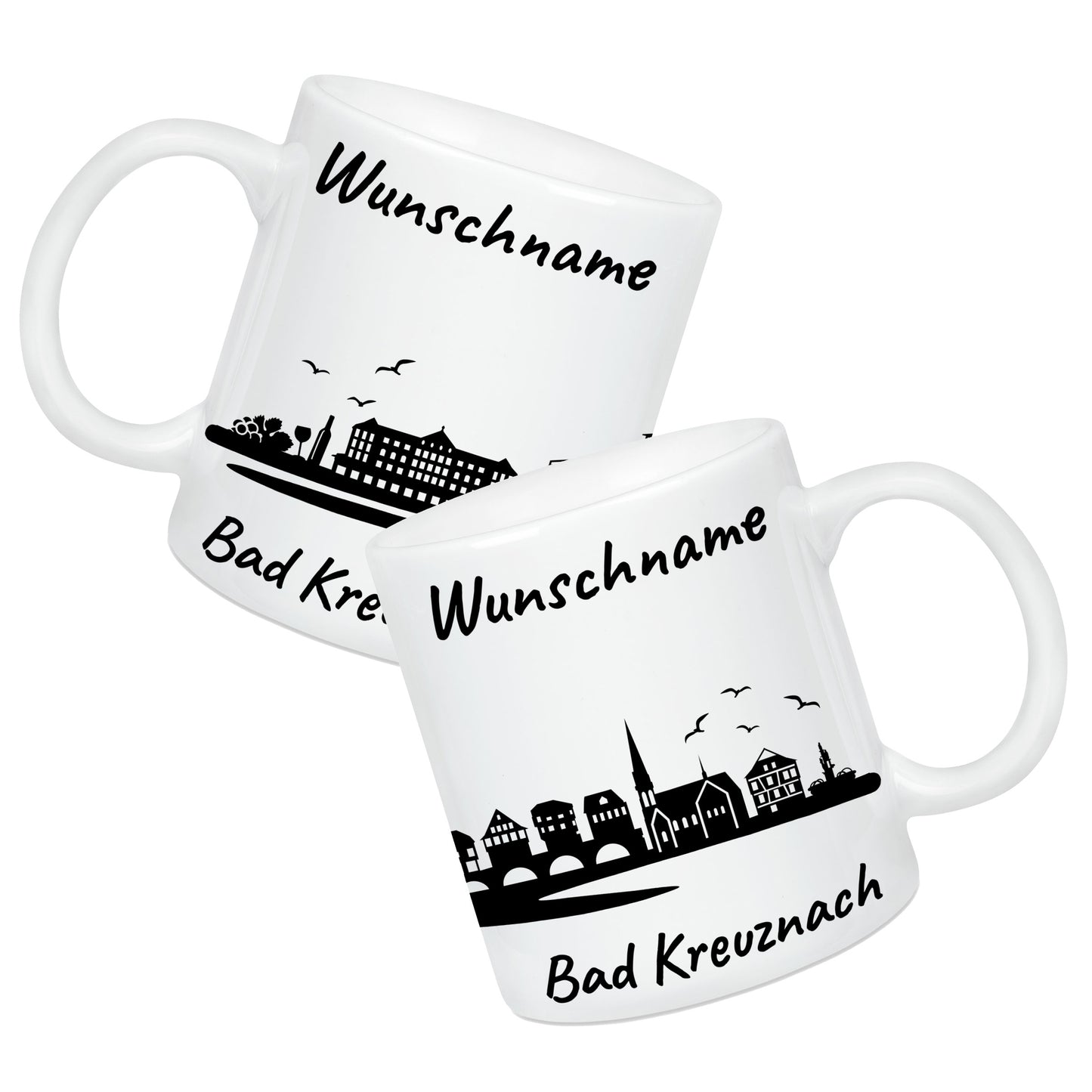 Tasse in Weiß 330ml bedruckt mit der Skyline von Bad Kreuznach personalisierbar mit Wunschname
