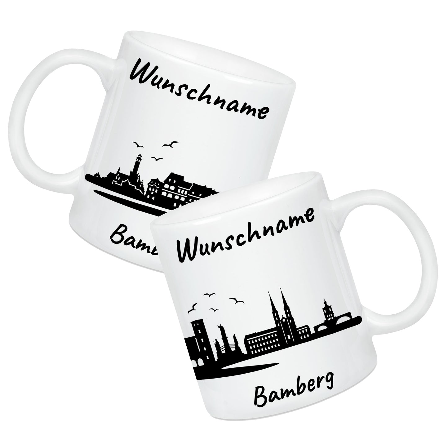 Tasse in Weiß 330ml bedruckt mit der Skyline von Bamberg personalisierbar mit Wunschname
