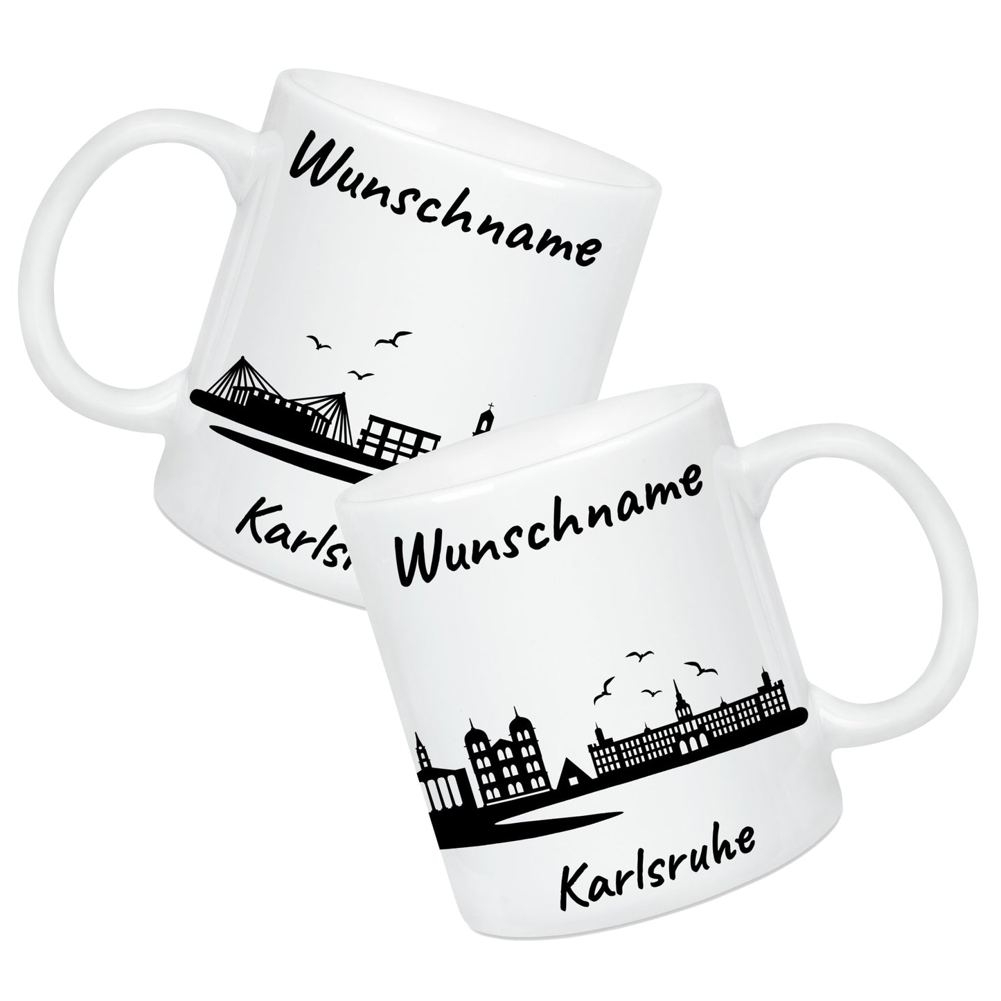 Tasse in Weiß 330ml bedruckt mit der Skyline von Karlsruhe personalisierbar mit Wunschname