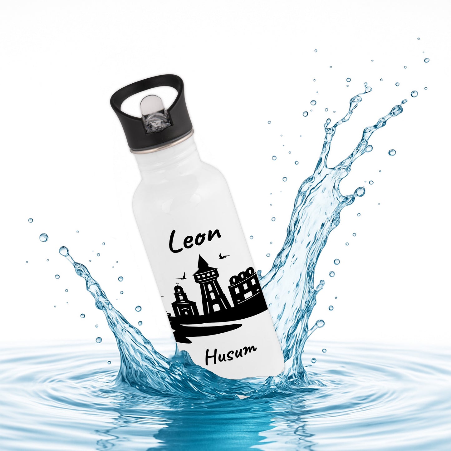 Trinkflasche in Weiß 600ml aus Edelstahl bedruckt mit der Skyline von Husum personalisierbar mit Wunschname