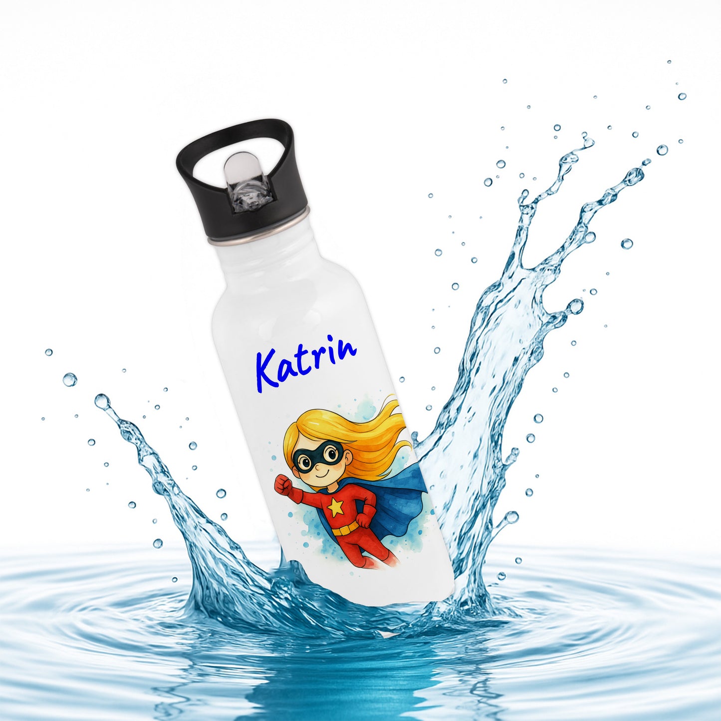 Trinkflasche mit Strohhalm in Weiß 600ml bedruckt mit tollen Motiven für Kinder "Superheldin" personalisierbar für Kinder mit Wunschname aus Edelstahl