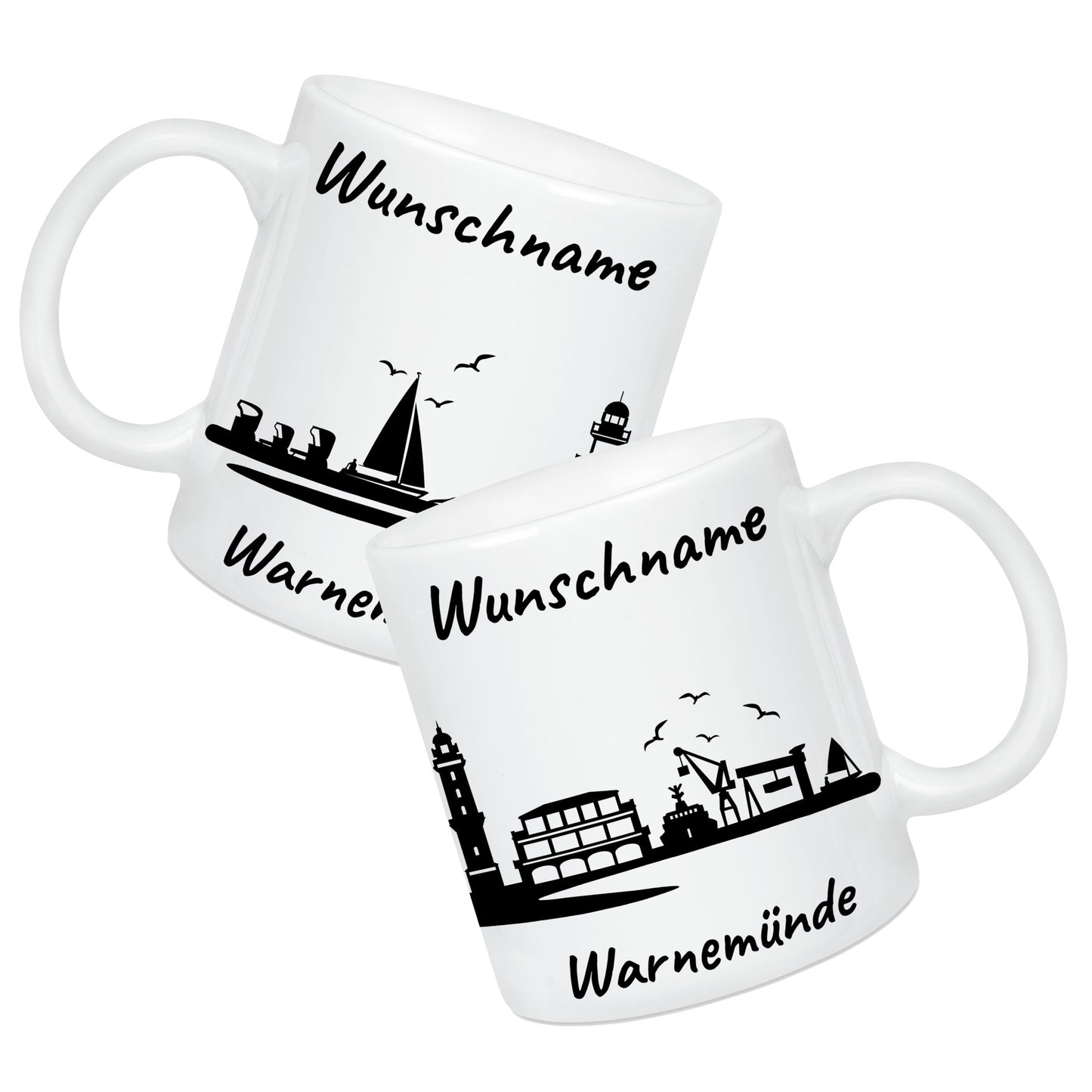 Tasse in Weiß 330ml bedruckt mit der Skyline von Warnemünde personalisierbar mit Wunschname