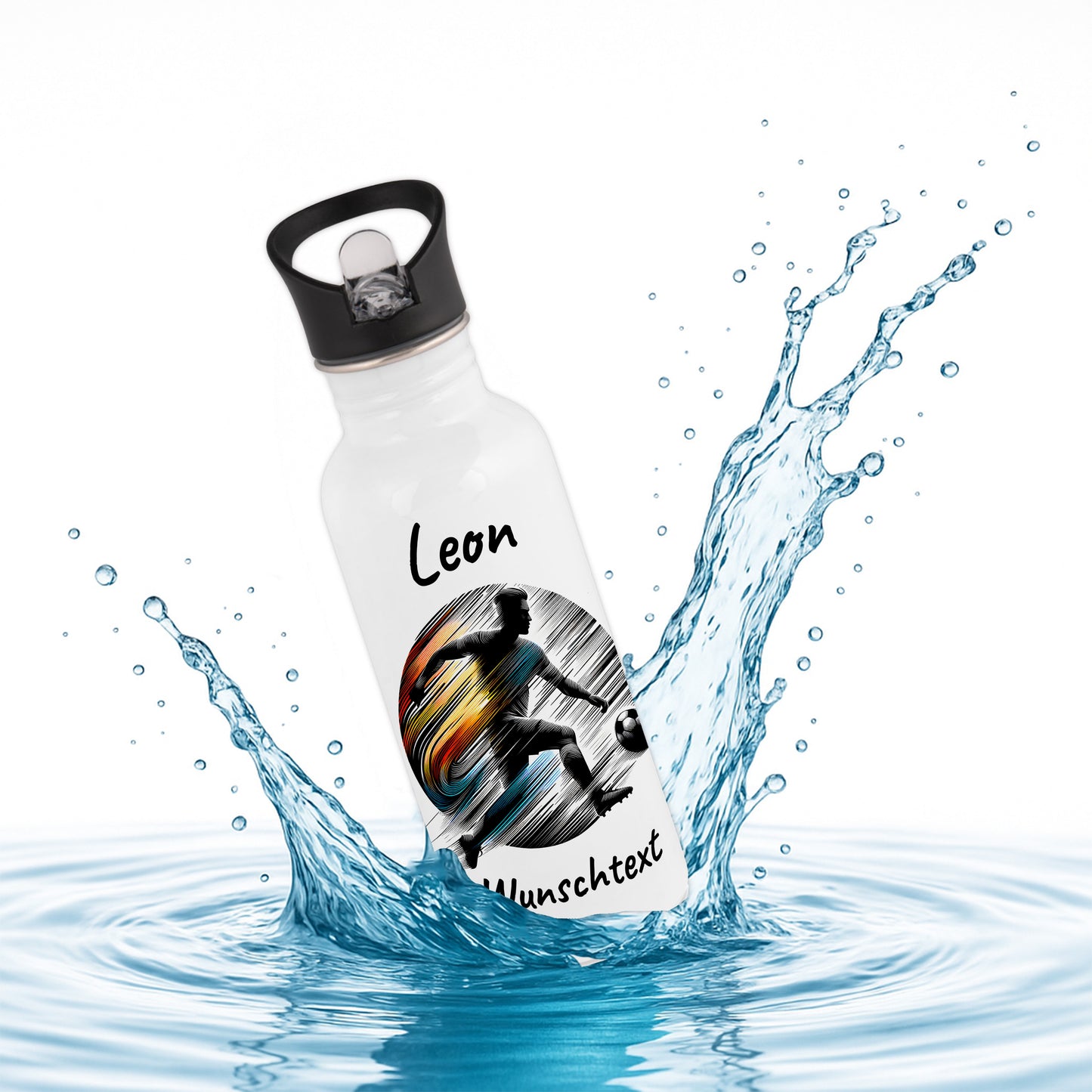 Trinkflasche mit Strohhalm in Weiß 600ml bedruckt mit Fußball Motiven"Motiv2" personalisierbar für Kinder mit Wunschname aus Edelstahl