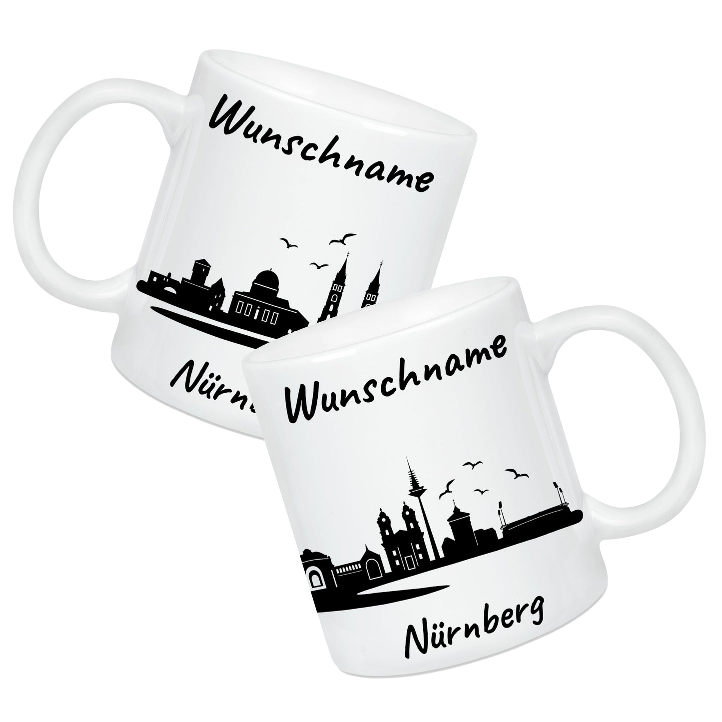 Tasse in Weiß 330ml bedruckt mit der Skyline von Nürnberg personalisierbar mit Wunschname