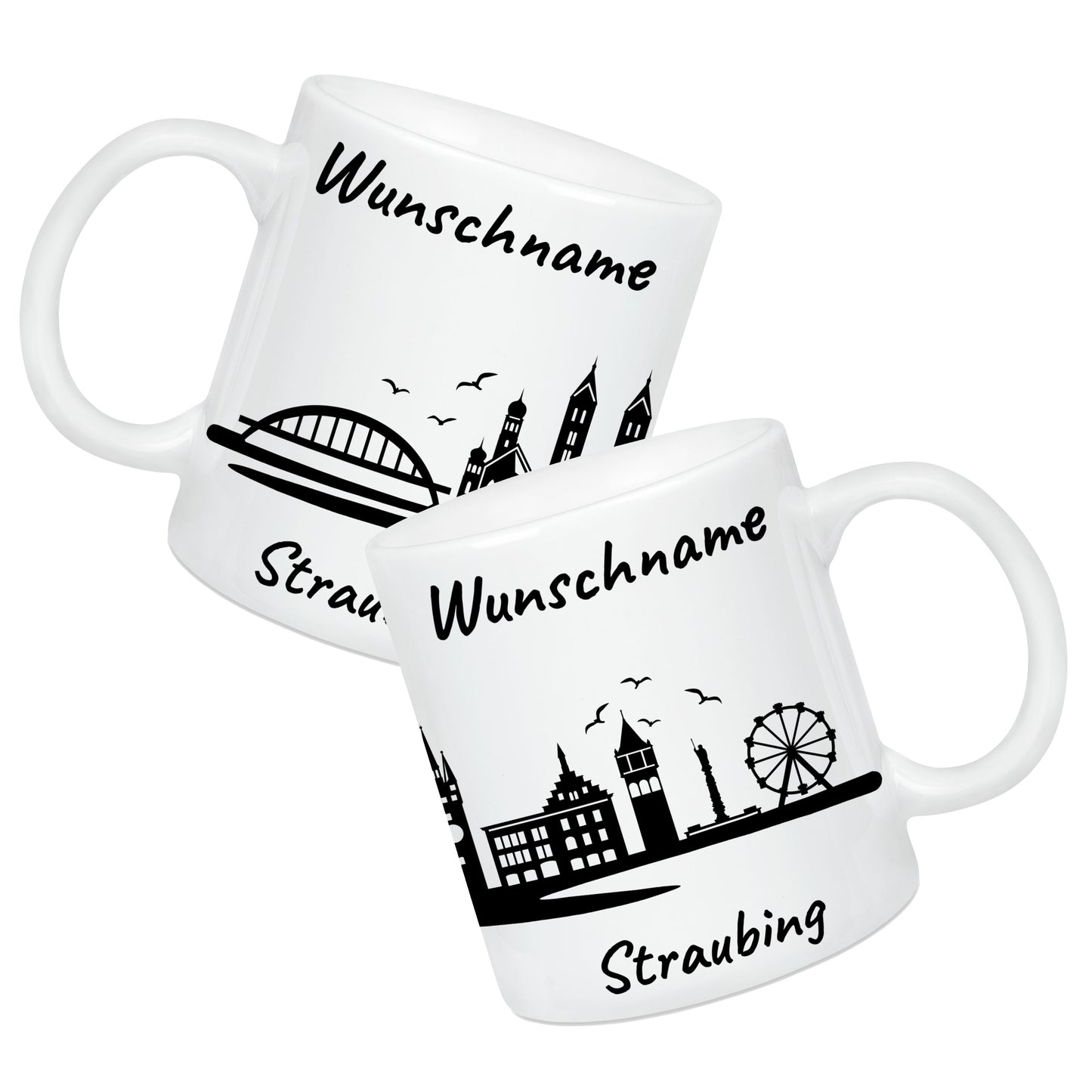 Tasse in Weiß 330ml bedruckt mit der Skyline von Straubing personalisierbar mit Wunschname