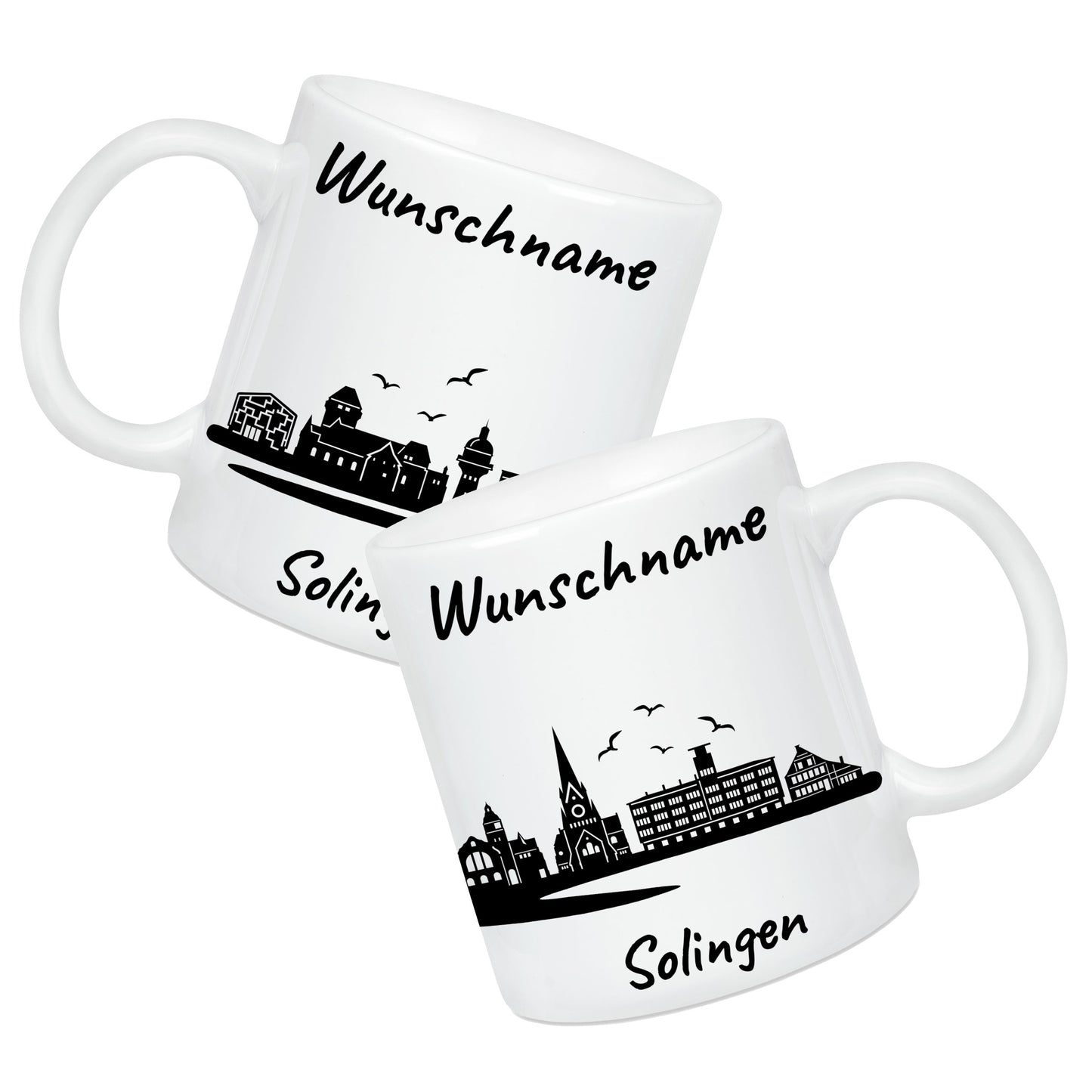 Tasse in Weiß 330ml bedruckt mit der Skyline von Solingen personalisierbar mit Wunschname