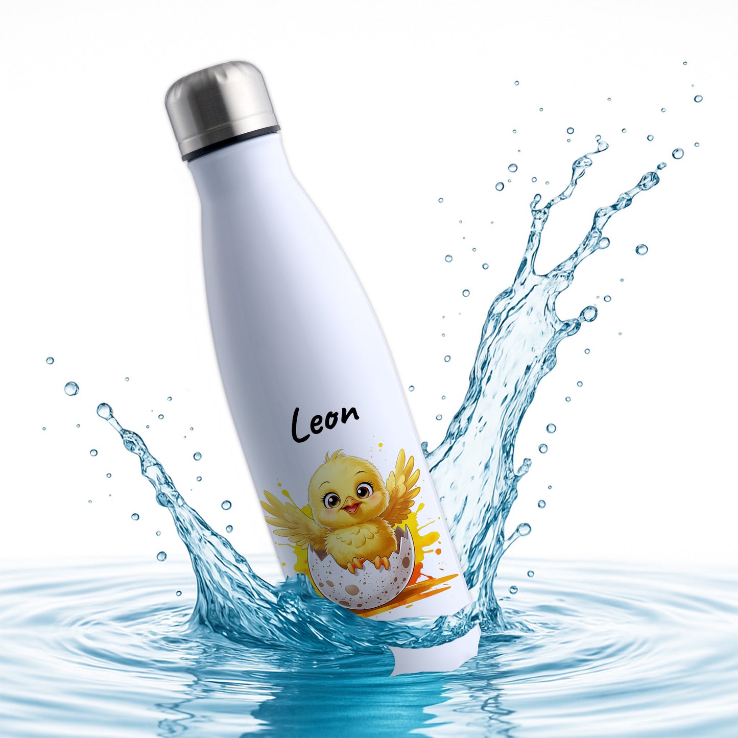 Trinkflasche in Weiß 500ml aus Edelstahl bedruckt mit niedlichen Tieren "Küken" personalisierbar für Kinder mit Wunschname