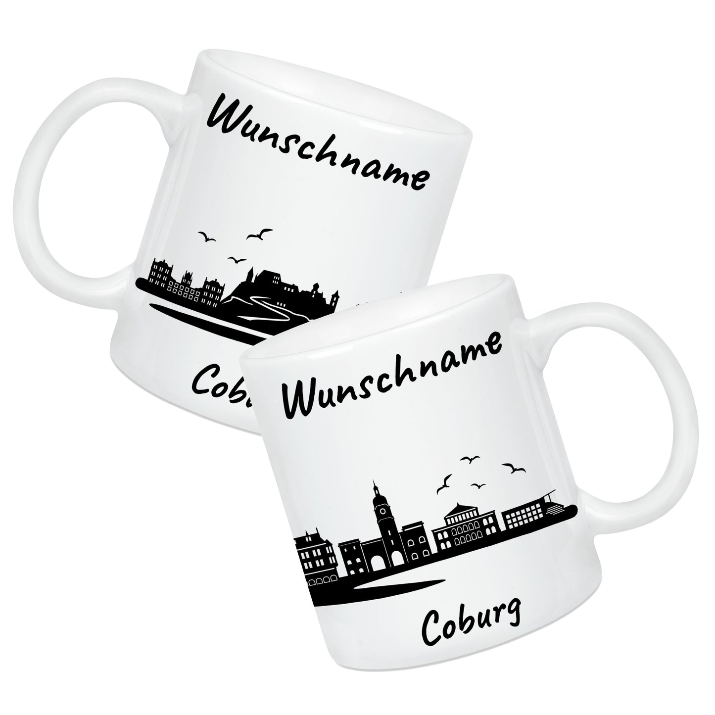 Tasse in Weiß 330ml bedruckt mit der Skyline von Coburg personalisierbar mit Wunschname