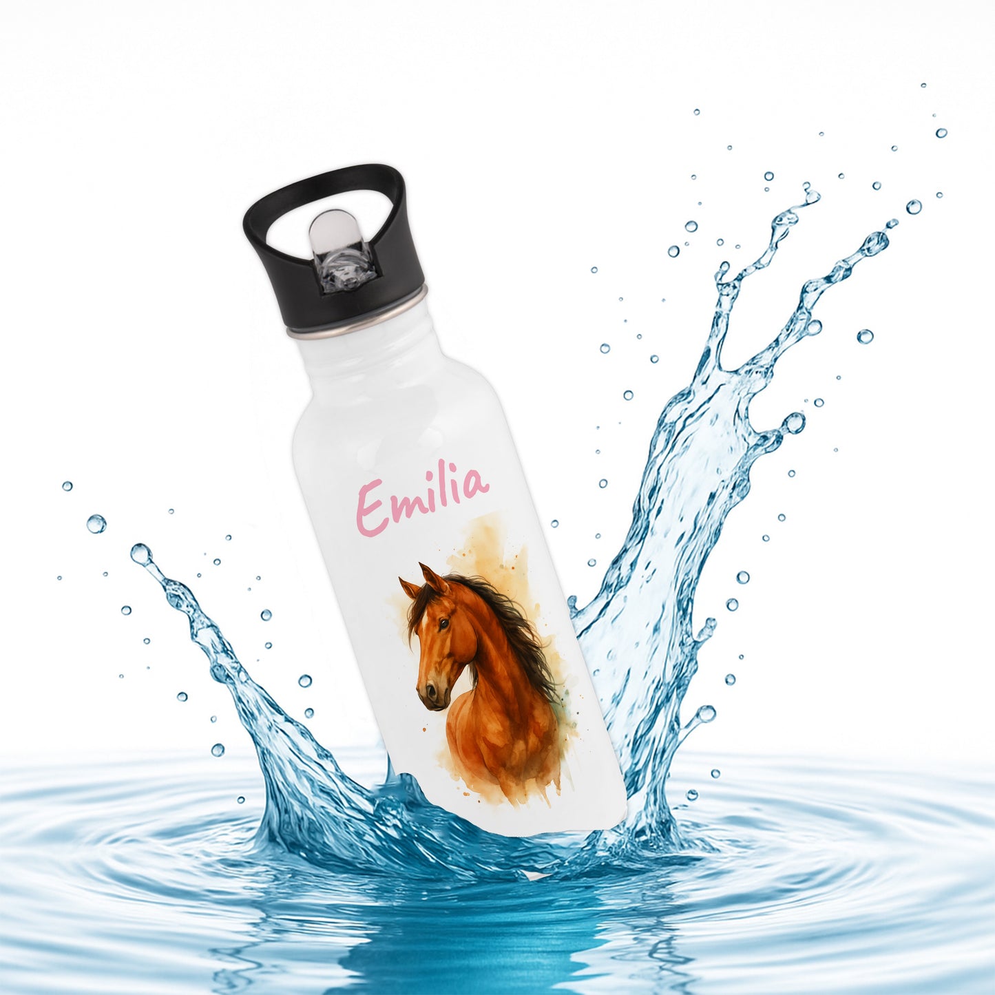Trinkflasche mit Strohhalm in Weiß 600ml bedruckt mit tollen Motiven für Kinder "Pferd" personalisierbar für Kinder mit Wunschname aus Edelstahl