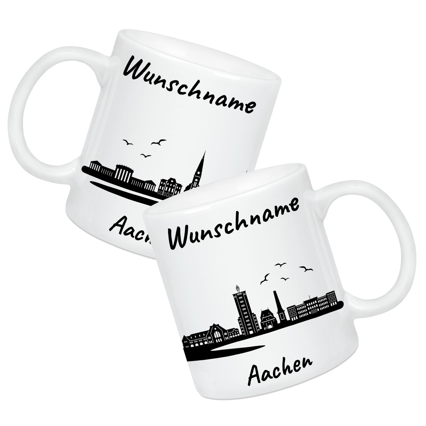 Tasse in Weiß 330ml bedruckt mit der Skyline von Aachen personalisierbar mit Wunschname
