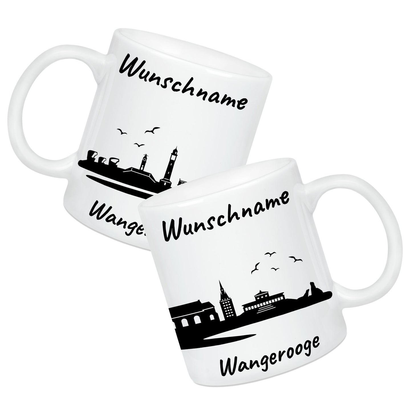Tasse in Weiß 330ml bedruckt mit der Skyline von Wangerooge personalisierbar mit Wunschname