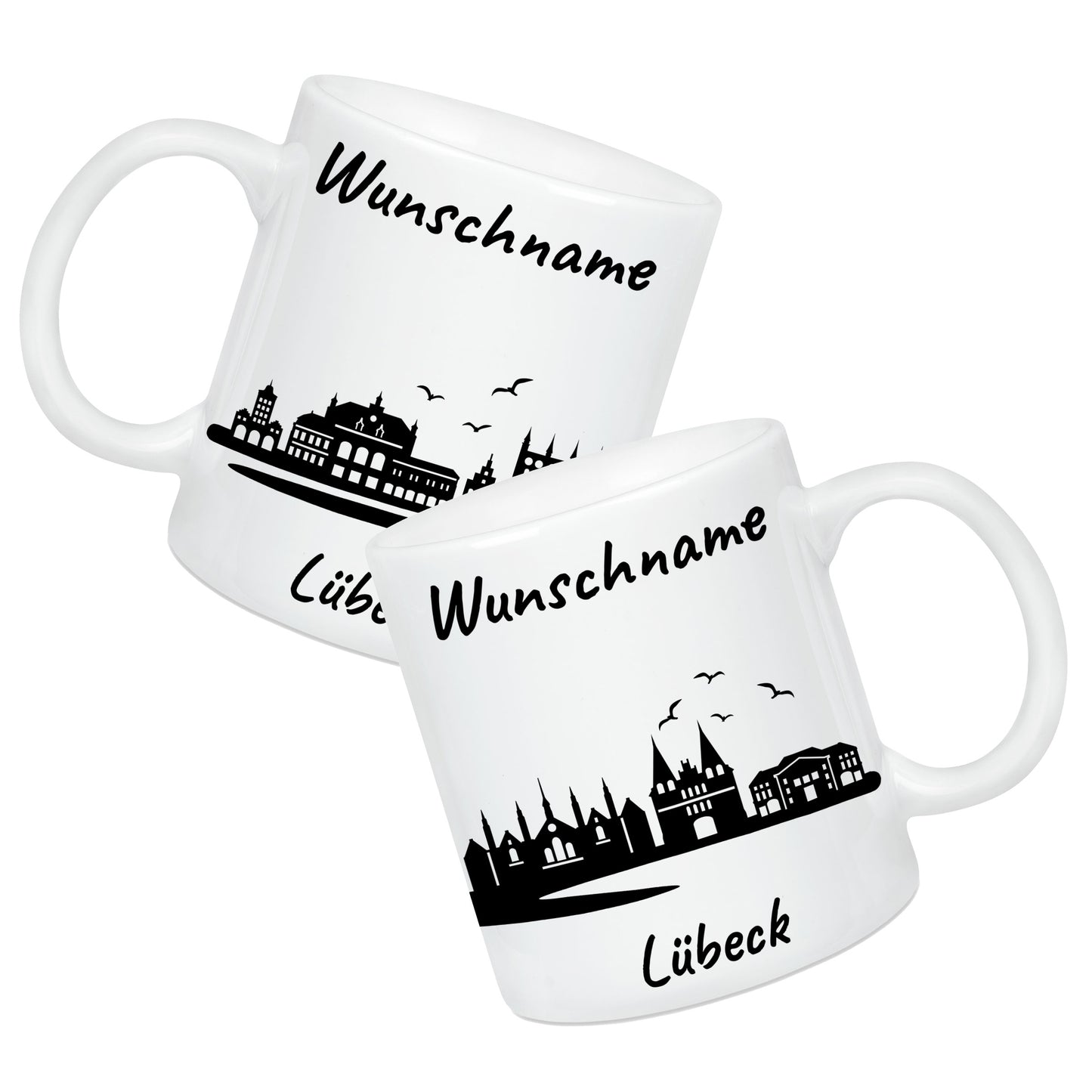 Tasse in Weiß 330ml bedruckt mit der Skyline von Lübeck personalisierbar mit Wunschname