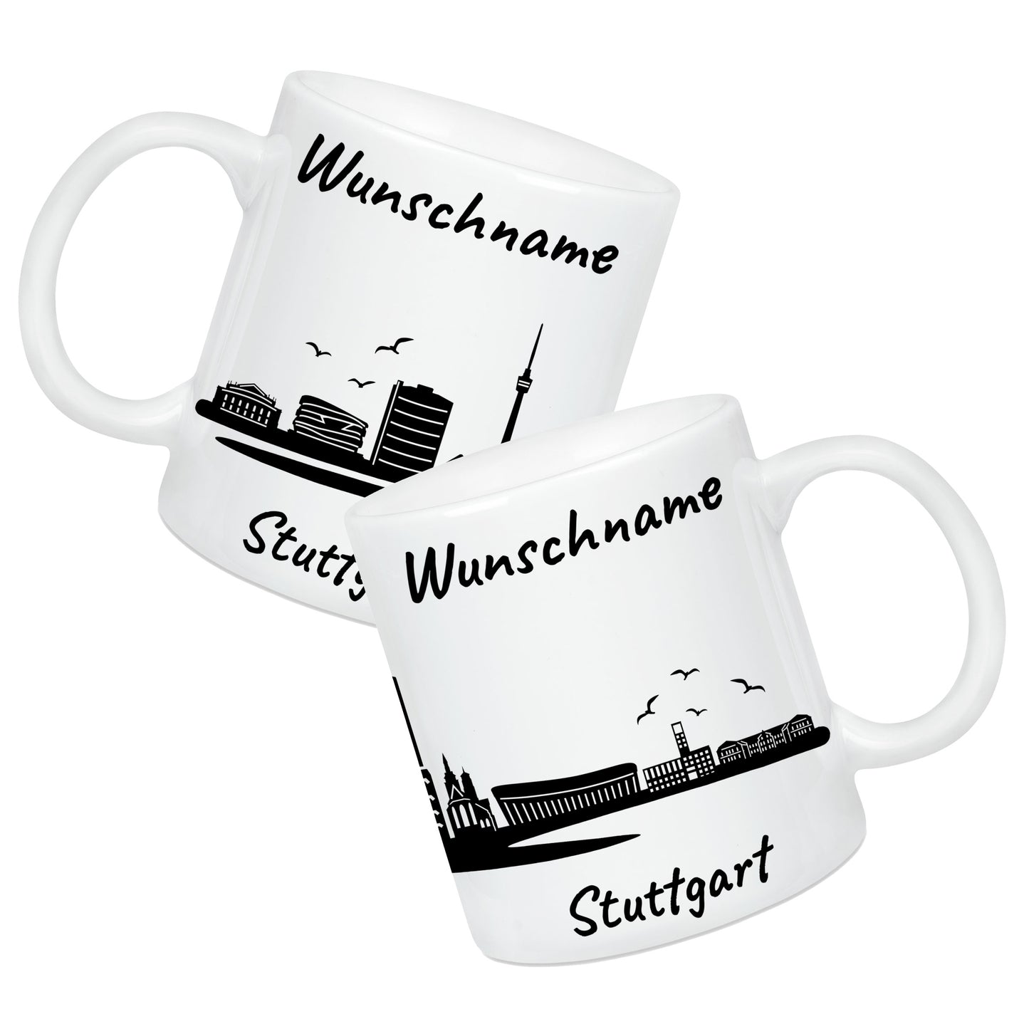 Tasse in Weiß 330ml bedruckt mit der Skyline von Stuttgart personalisierbar mit Wunschname