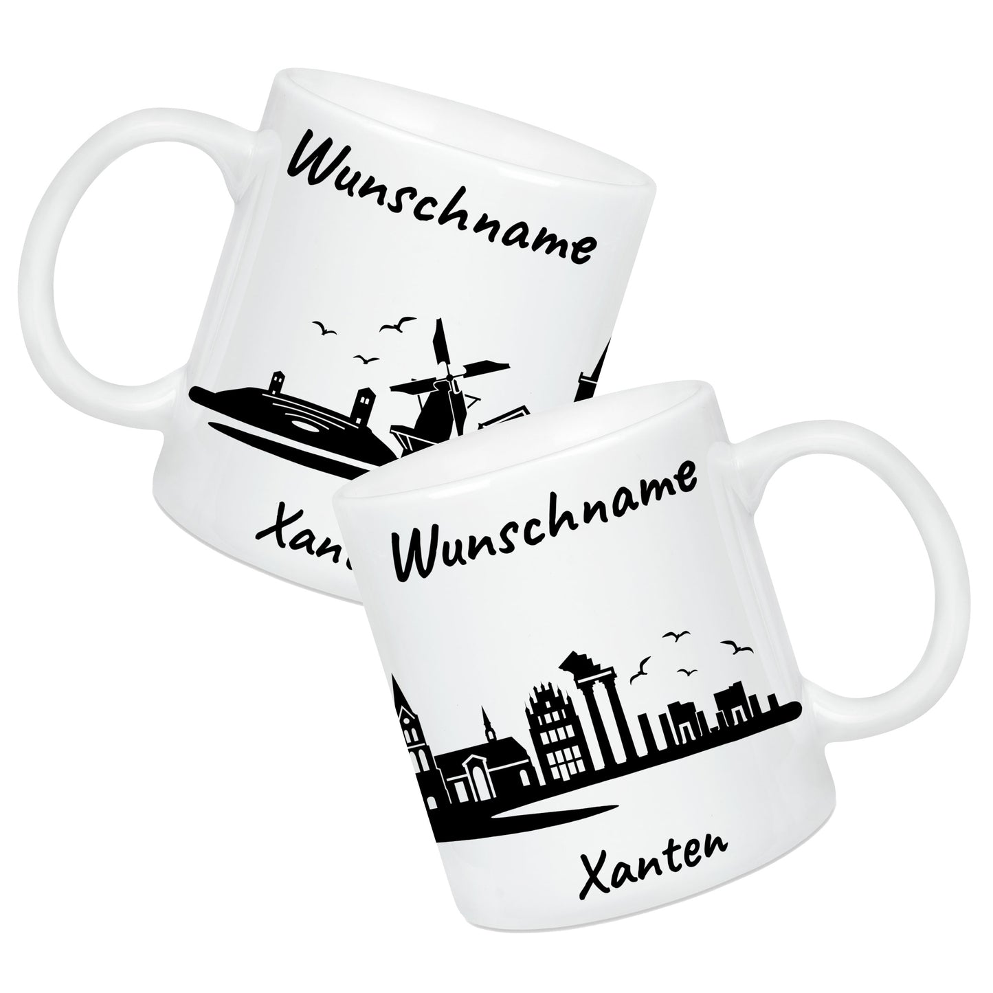 Tasse in Weiß 330ml bedruckt mit der Skyline von Xanten personalisierbar mit Wunschname
