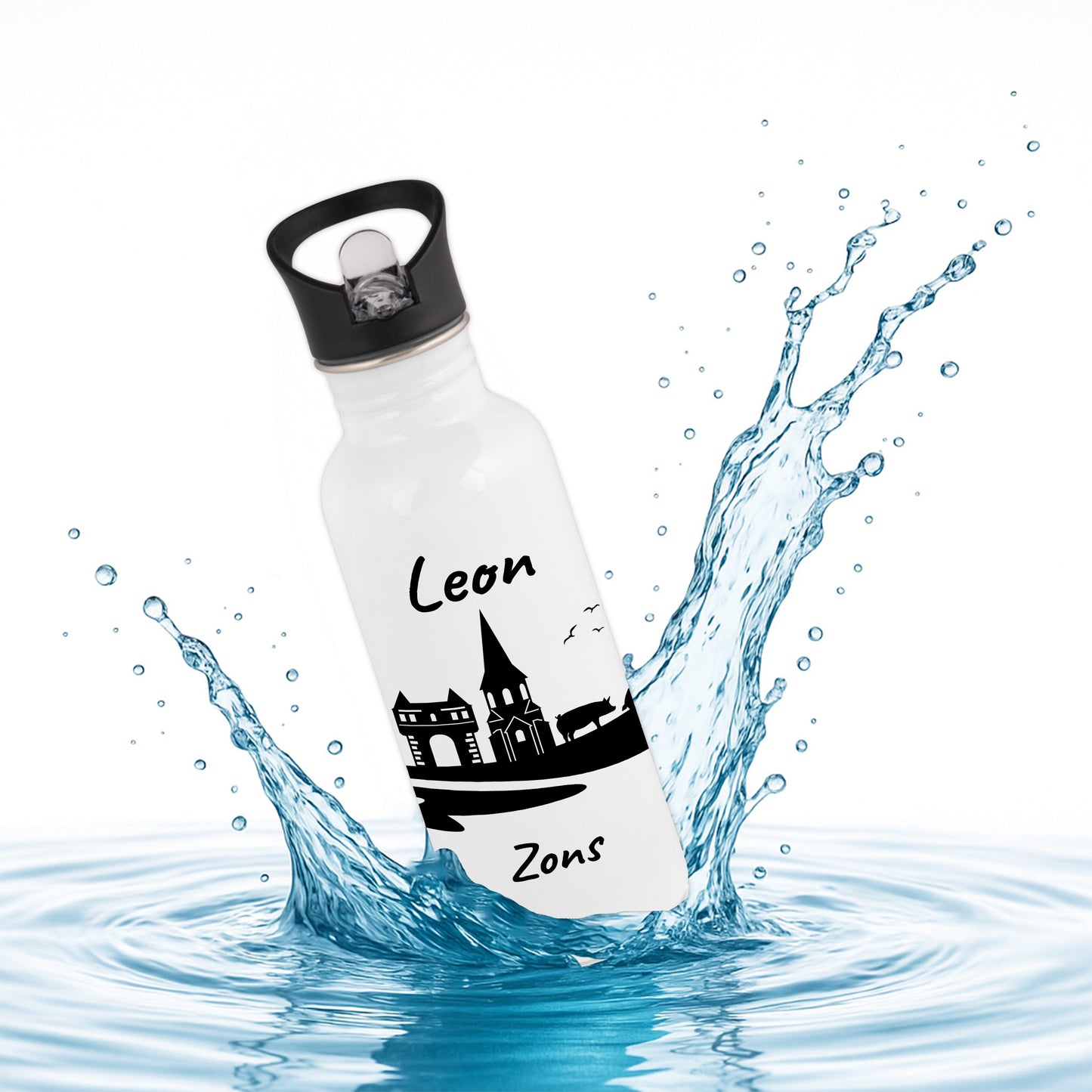 Trinkflasche in Weiß 600ml aus Edelstahl bedruckt mit der Skyline von Zons (Dormagen) personalisierbar mit Wunschname