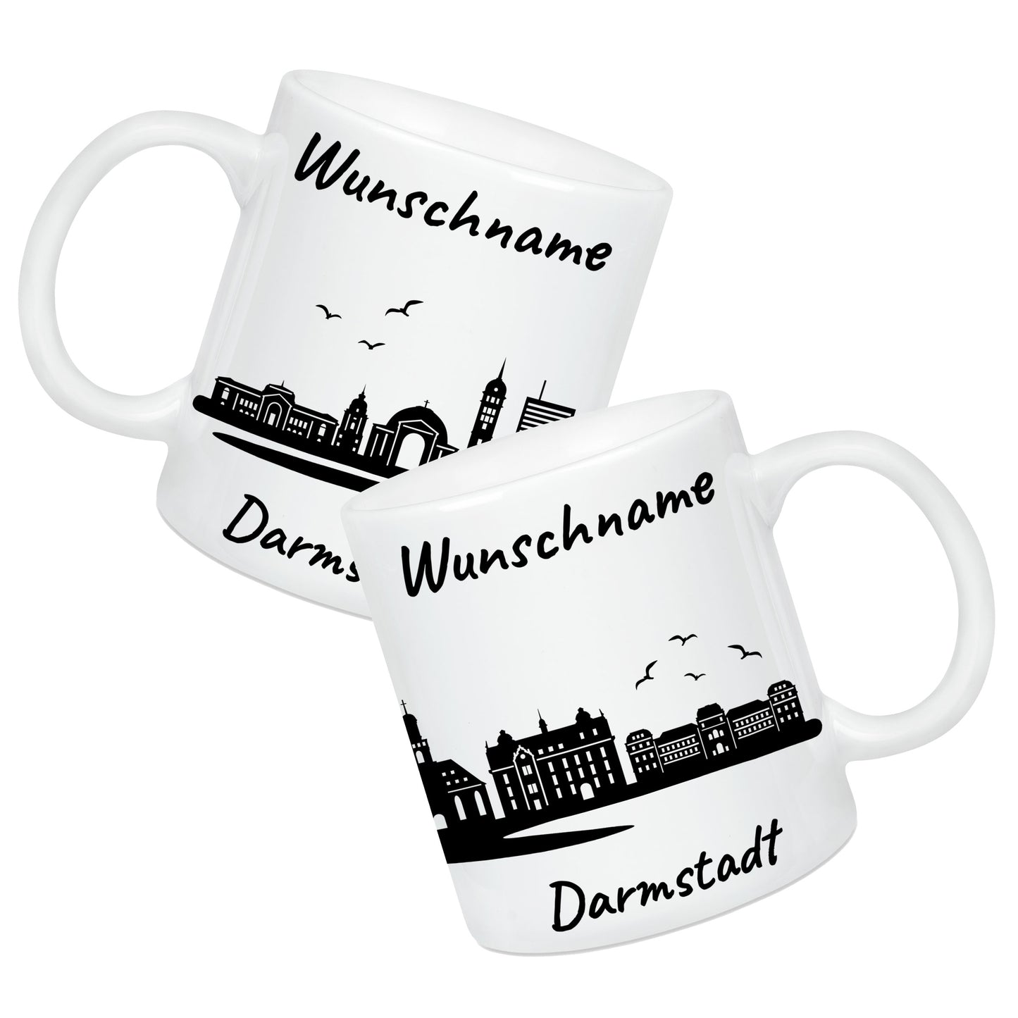 Tasse in Weiß 330ml bedruckt mit der Skyline von Darmstadt personalisierbar mit Wunschname