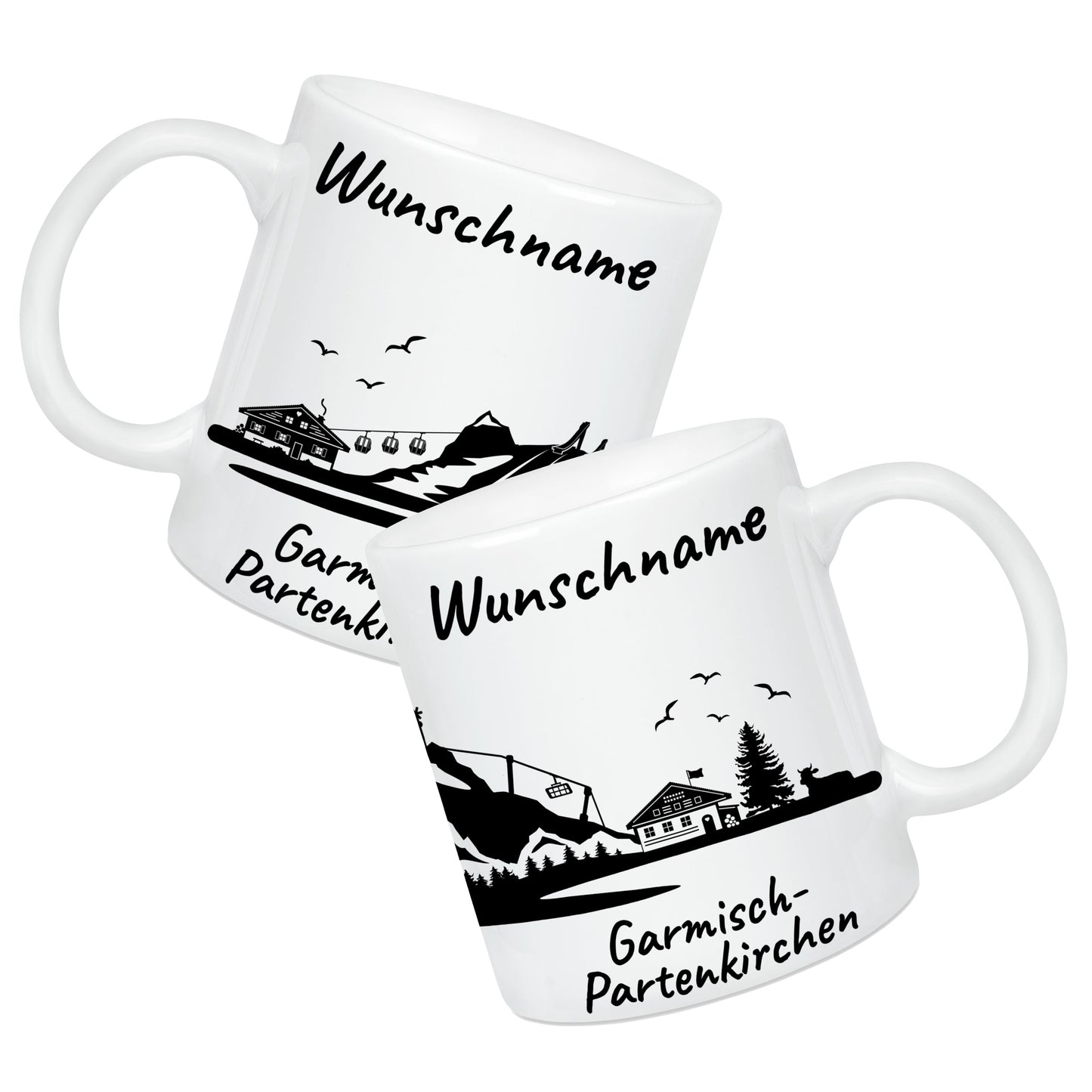 Tasse in Weiß 330ml bedruckt mit der Skyline von Garmisch-Partenkirchen personalisierbar mit Wunschname