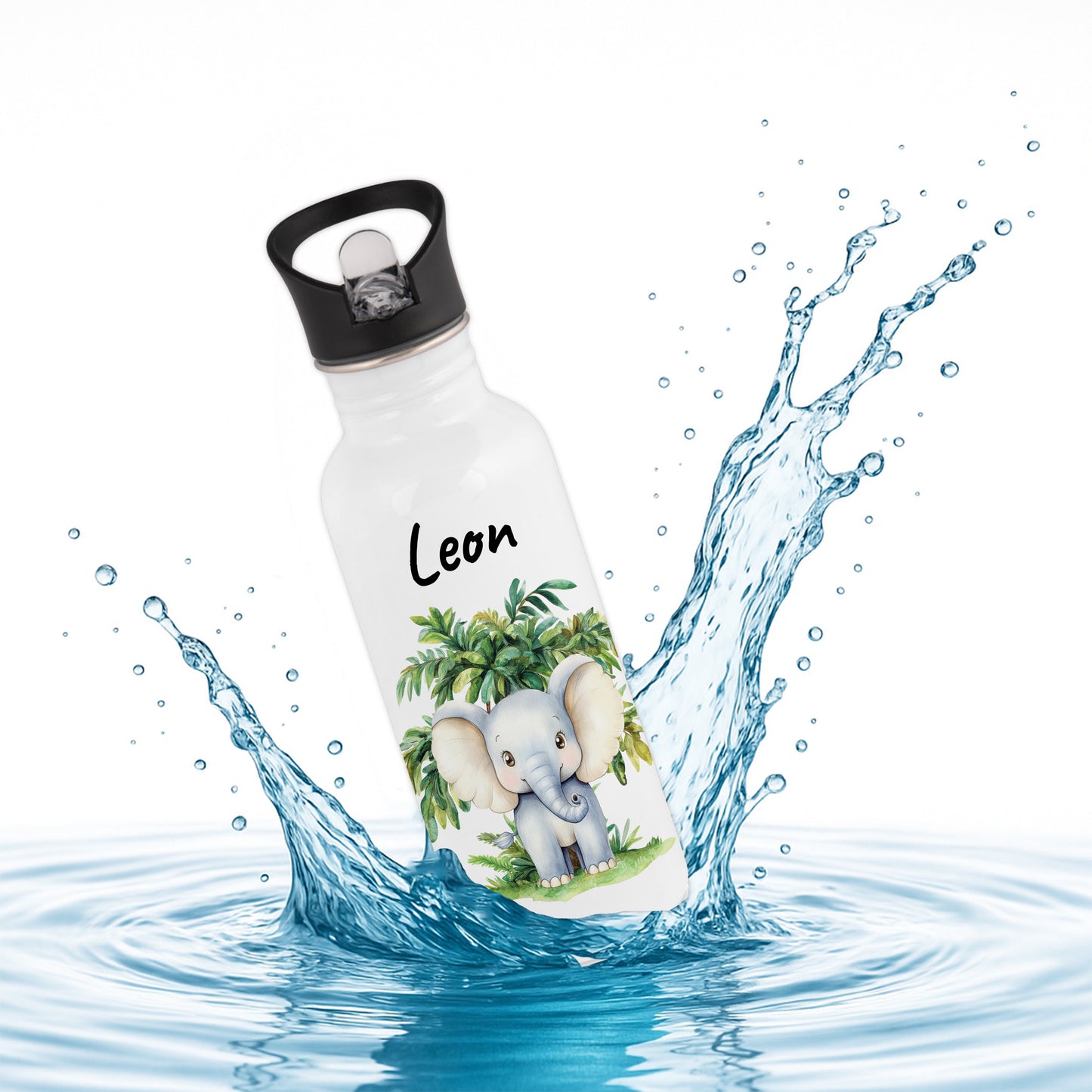 Trinkflasche mit Strohhalm in Weiß 600ml bedruckt mit Dschungel Tieren"Elefant" personalisierbar für Kinder mit Wunschname aus Edelstahl