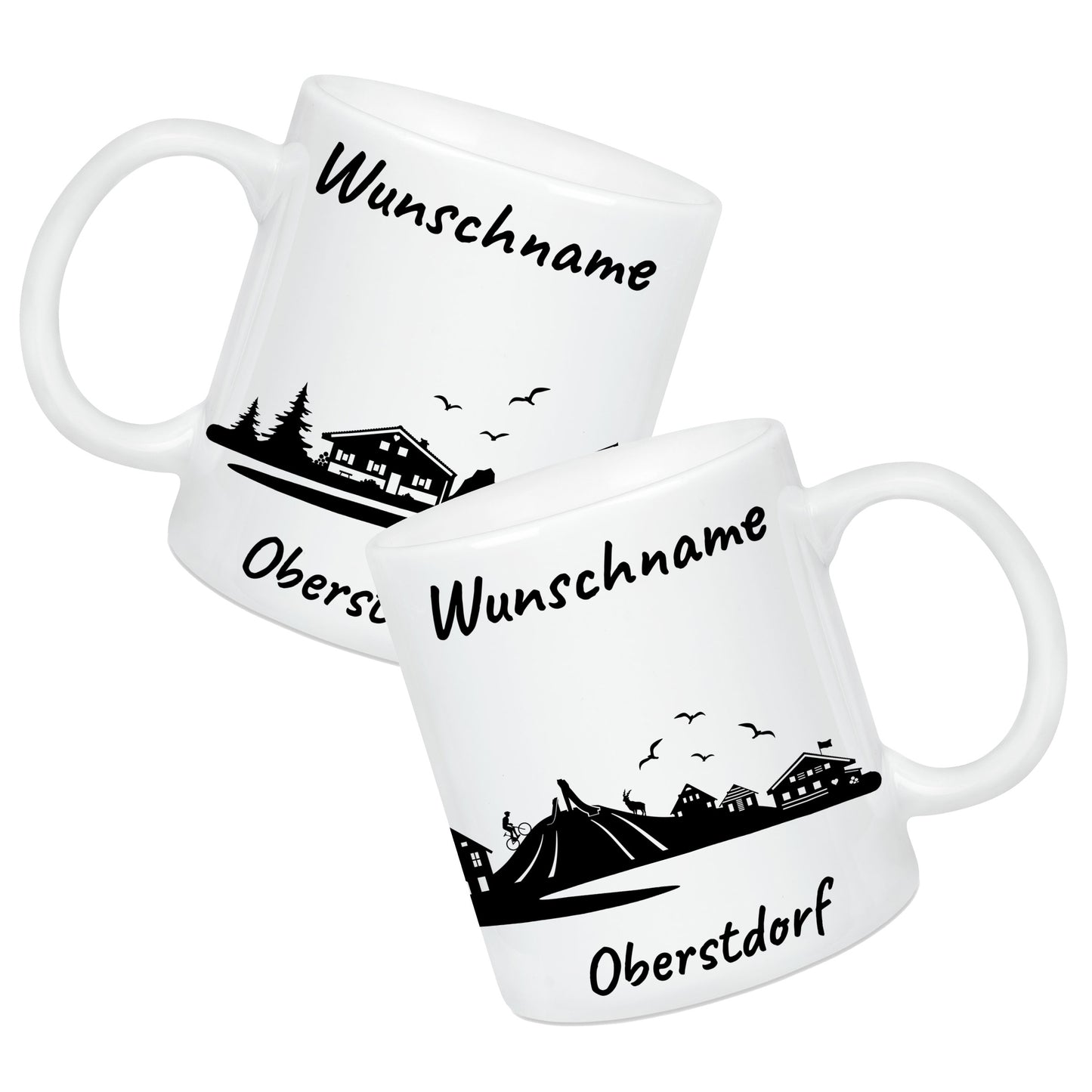 Tasse in Weiß 330ml bedruckt mit der Skyline von Oberstdorf personalisierbar mit Wunschname